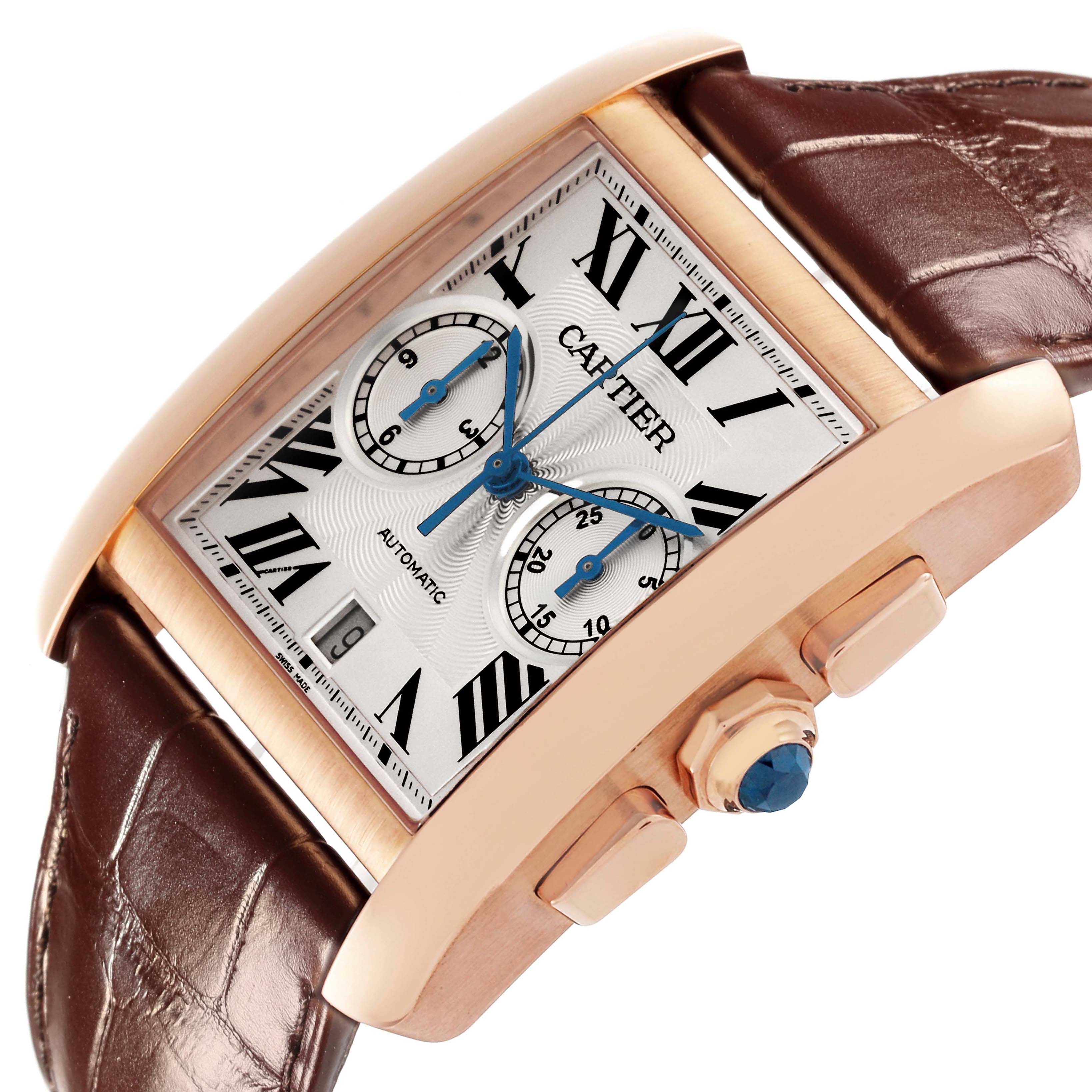 The Cartier Tank MC W5330005 Men's Rose Gold Silver Dial watch is shown at a three-quarter angle, highlighting the dial, Roman numerals, subdials, and crown.