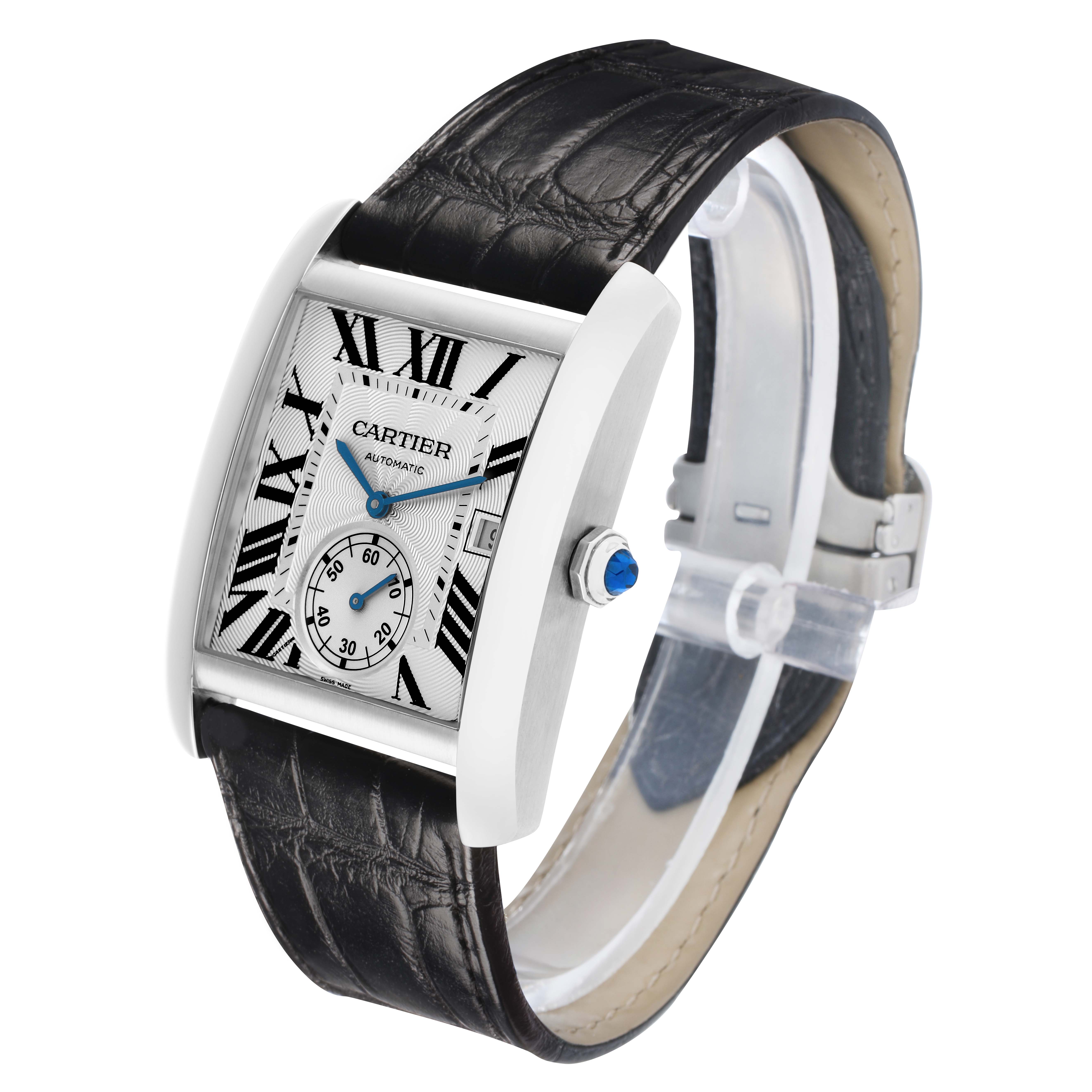 The Cartier Tank MC W5330003 Men
s Stainless Steel Silver Dial watch is shown at an angle highlighting the face, Roman numerals, and leather strap.