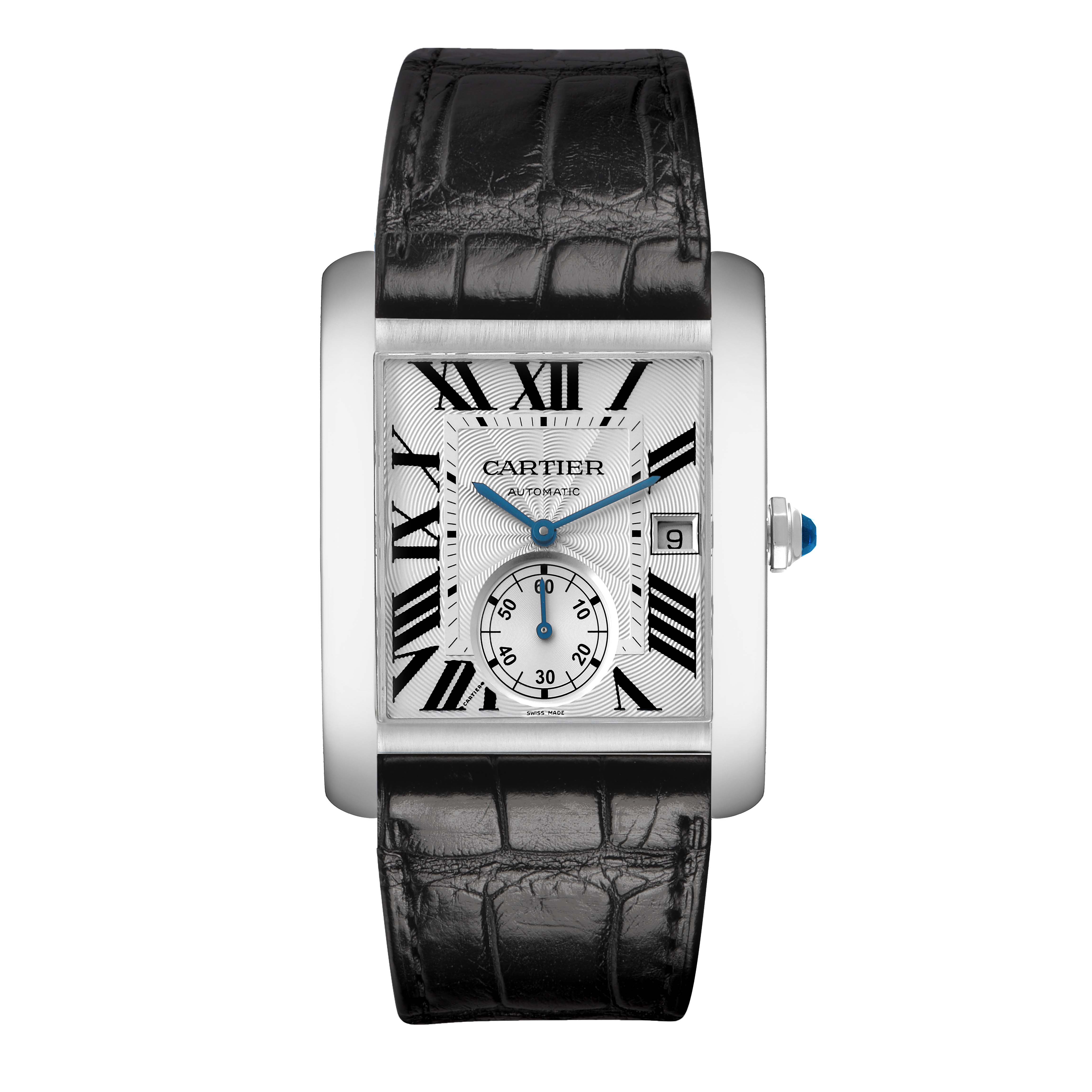 The Cartier Tank MC W5330003 Men
s Stainless Steel Silver Dial watch is shown from a front angle, highlighting the dial, Roman numerals, blue hands, and black leather strap.