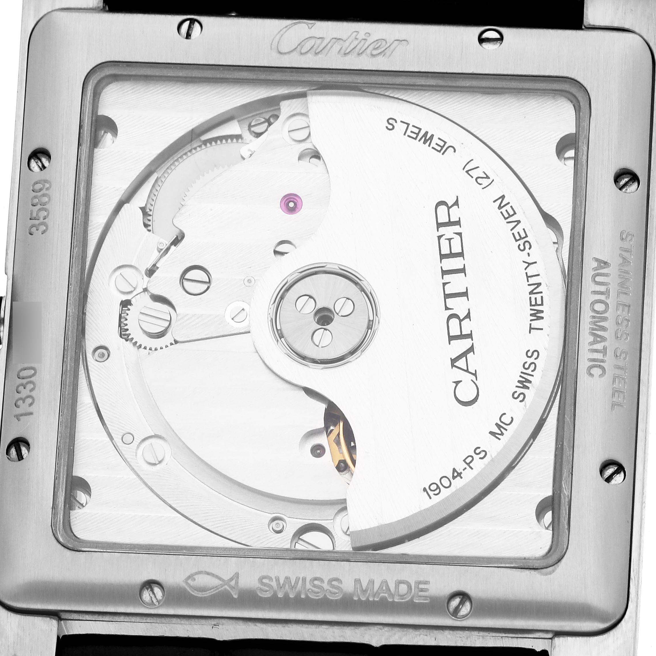 The image shows the back of a Cartier Tank MC W5330003 Men
s Stainless Steel Silver Dial watch, highlighting the automatic movement and internal mechanics.