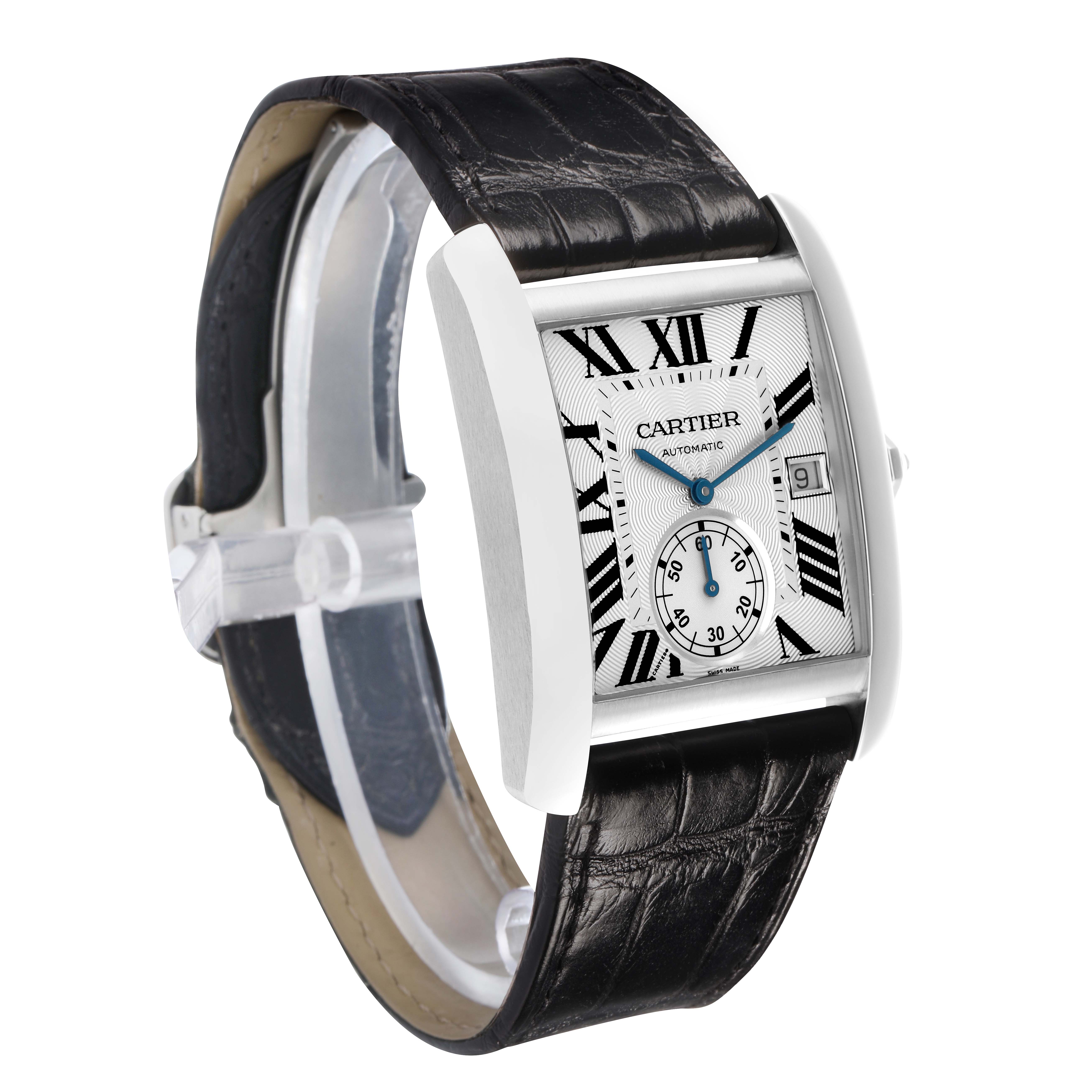 The Cartier Tank MC W5330003 Men
s Stainless Steel Silver Dial watch is shown at a slight angle, featuring the dial, case, crown, strap, and clasp.