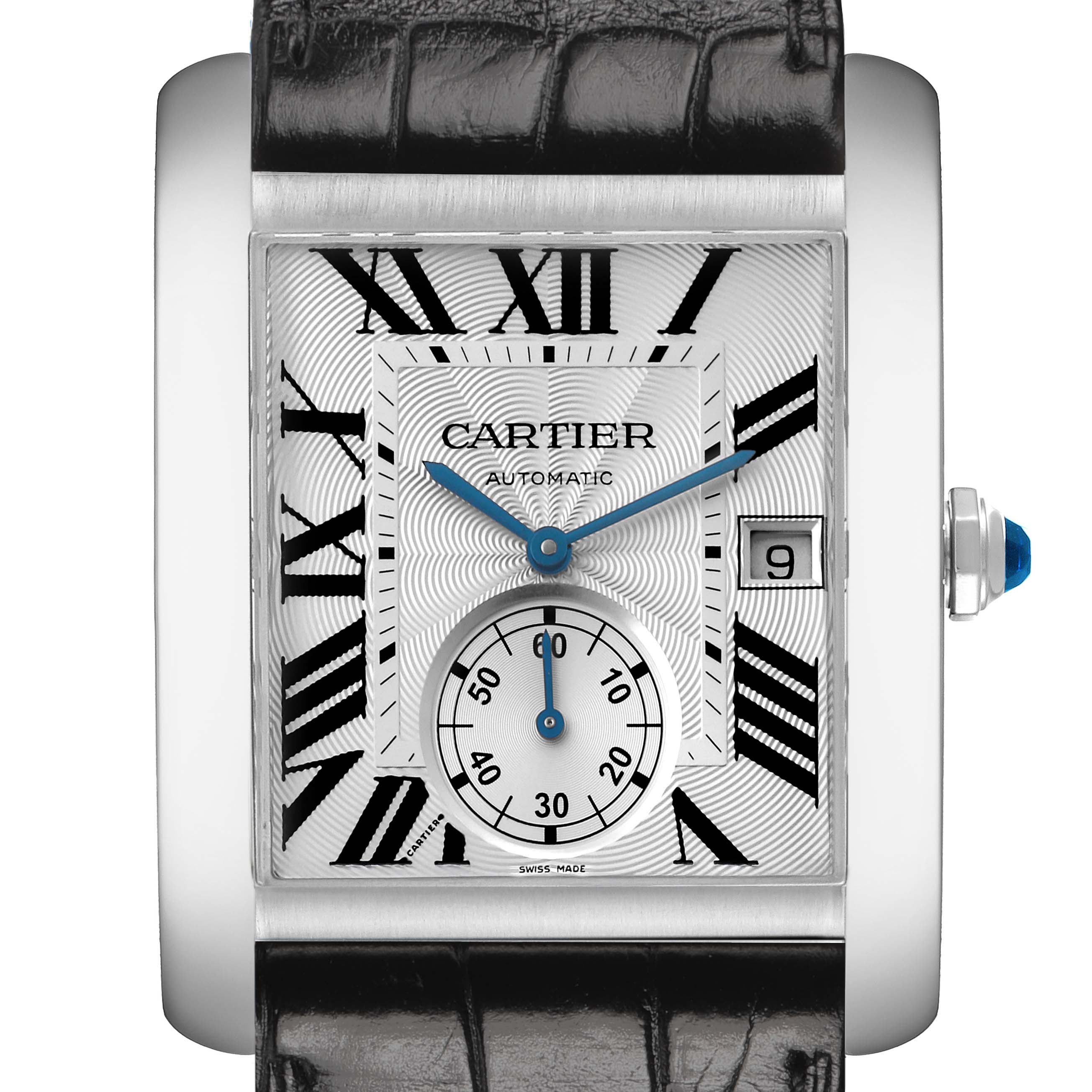 The Cartier Tank MC W5330003 Men
s Stainless Steel Silver Dial watch is shown from a front angle, highlighting the dial, Roman numerals, blued hands, and date window.