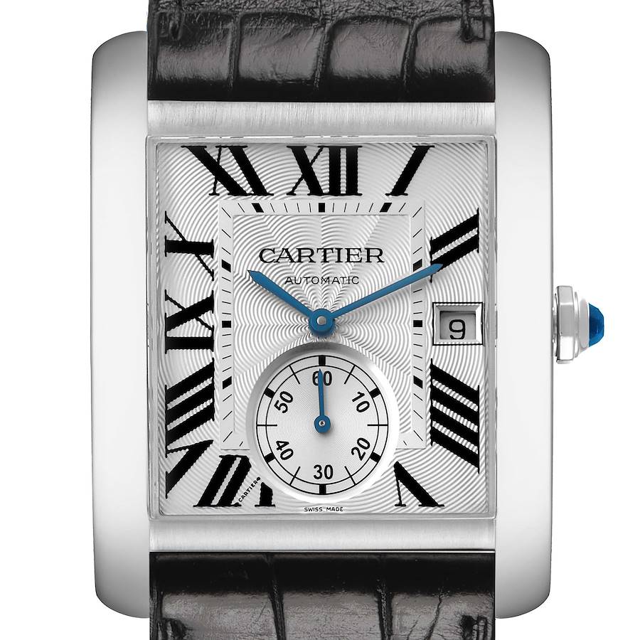 The Cartier Tank MC W5330003 Men's Stainless Steel Silver Dial watch is shown from a front angle, highlighting the dial, Roman numerals, blued hands, and date window.