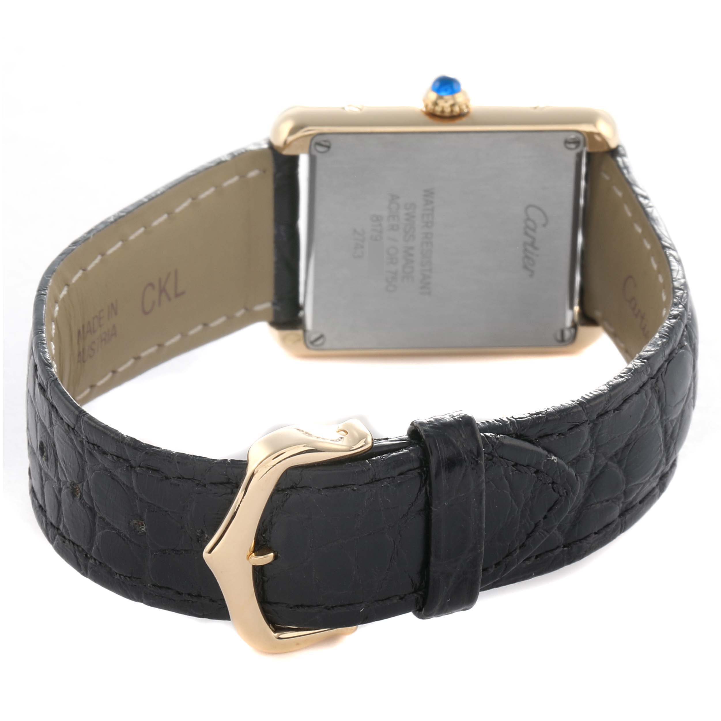 The image shows the back of the Cartier Tank Solo W1018755 Women's Steel and Gold (two tone) Silver Dial watch, highlighting the case, crown, strap, and buckle.