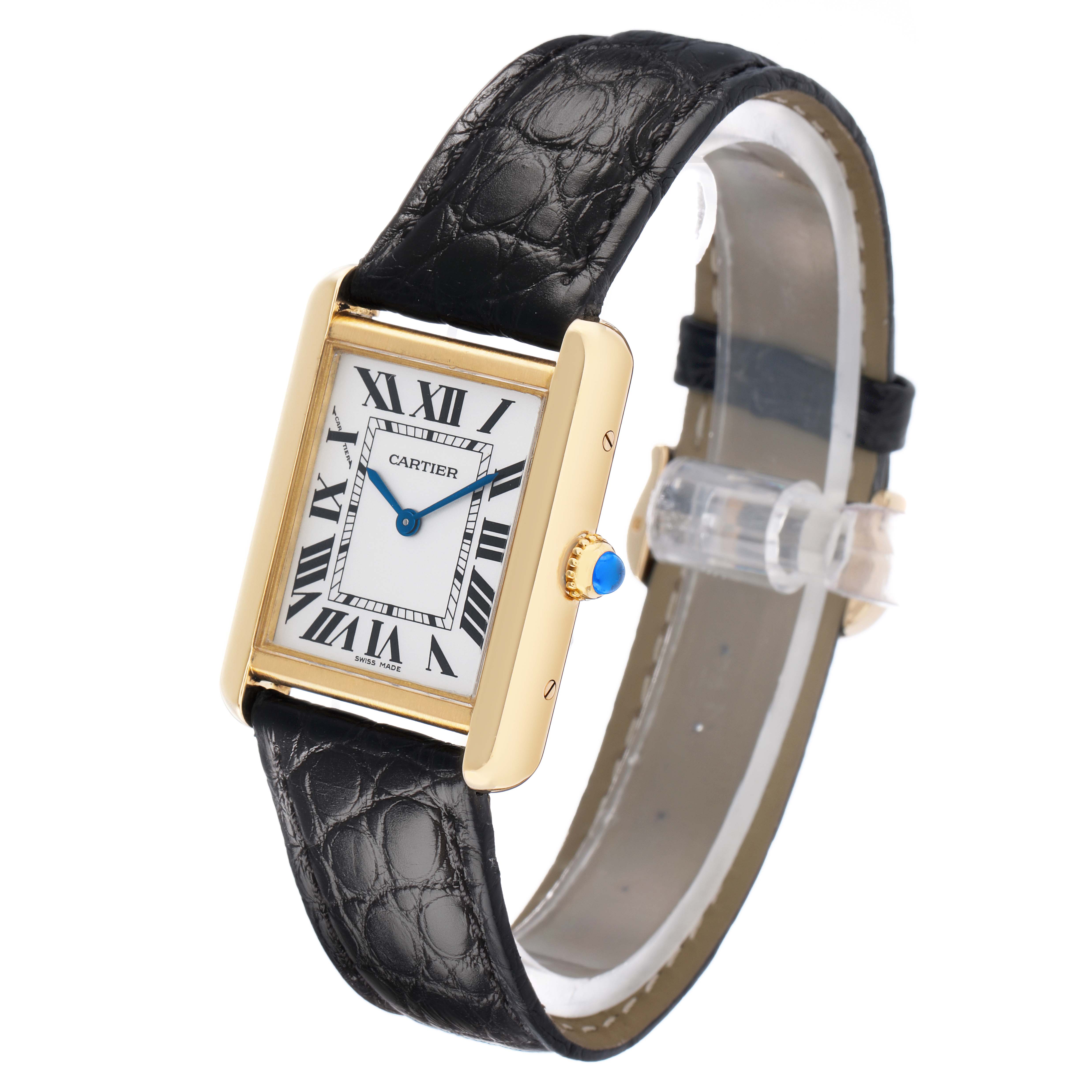 The Cartier Tank Solo W1018755 Women's Steel and Gold (two tone) Silver Dial watch is shown at a front angled view, highlighting the face, bezel, and leather strap.