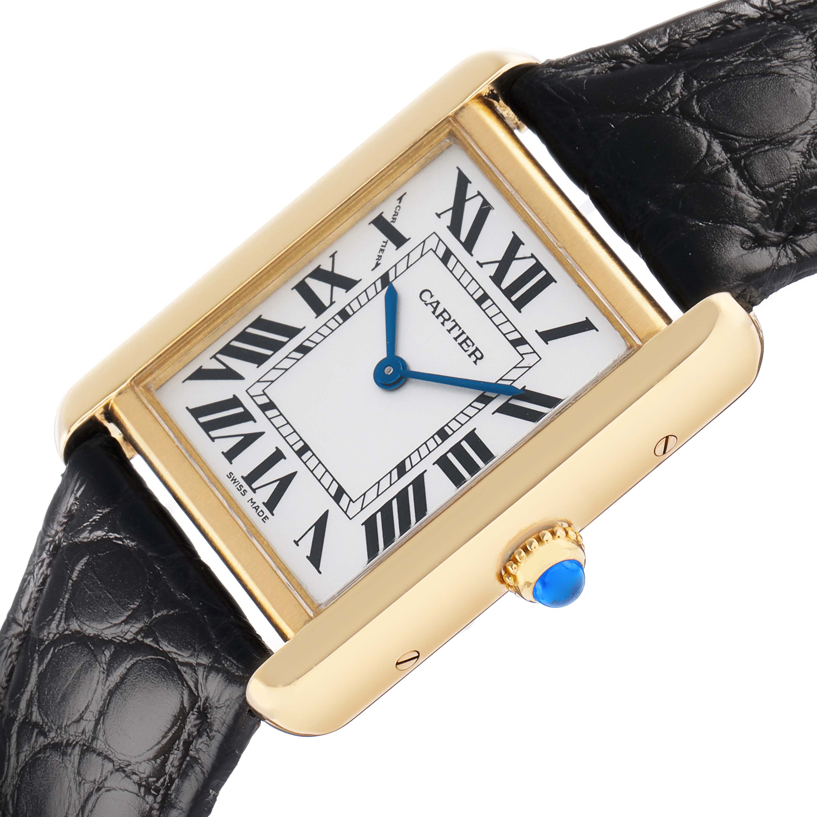 The Cartier Tank Solo W1018755 Women's Steel and Gold (two tone) Silver Dial watch is shown at a slight angle, displaying its gold case, Roman numerals, blue hands, and black leather strap.