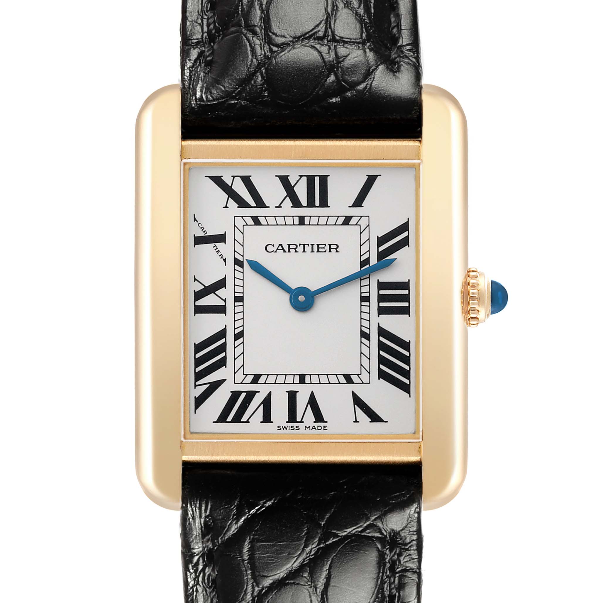 The Cartier Tank Solo W1018755 Women's Steel and Gold (two tone) Silver Dial watch is shown from a front angle, displaying its rectangular dial, Roman numerals, blue hands, and alligator strap.