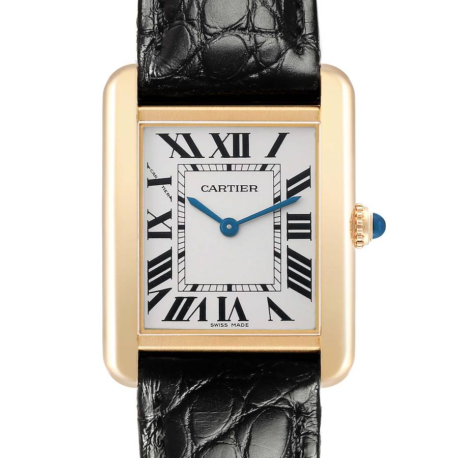 The Cartier Tank Solo W1018755 Women's Steel and Gold (two tone) Silver Dial watch is shown from a front angle, displaying its rectangular dial, Roman numerals, blue hands, and alligator strap.