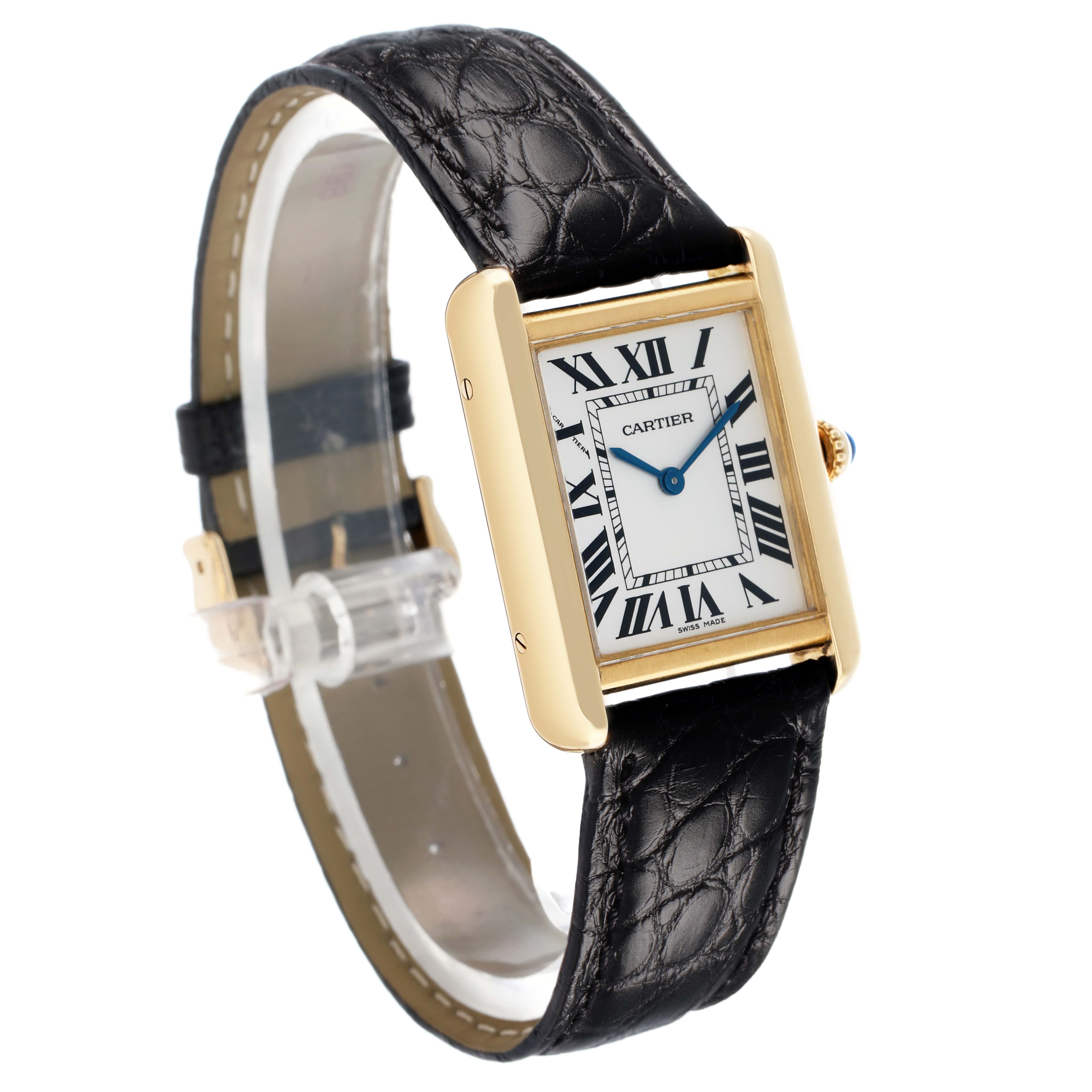 The Cartier Tank Solo W1018755 Women's Steel and Gold (two tone) Silver Dial watch is shown at a three-quarter angle, displaying the face, bezel, strap, and crown.