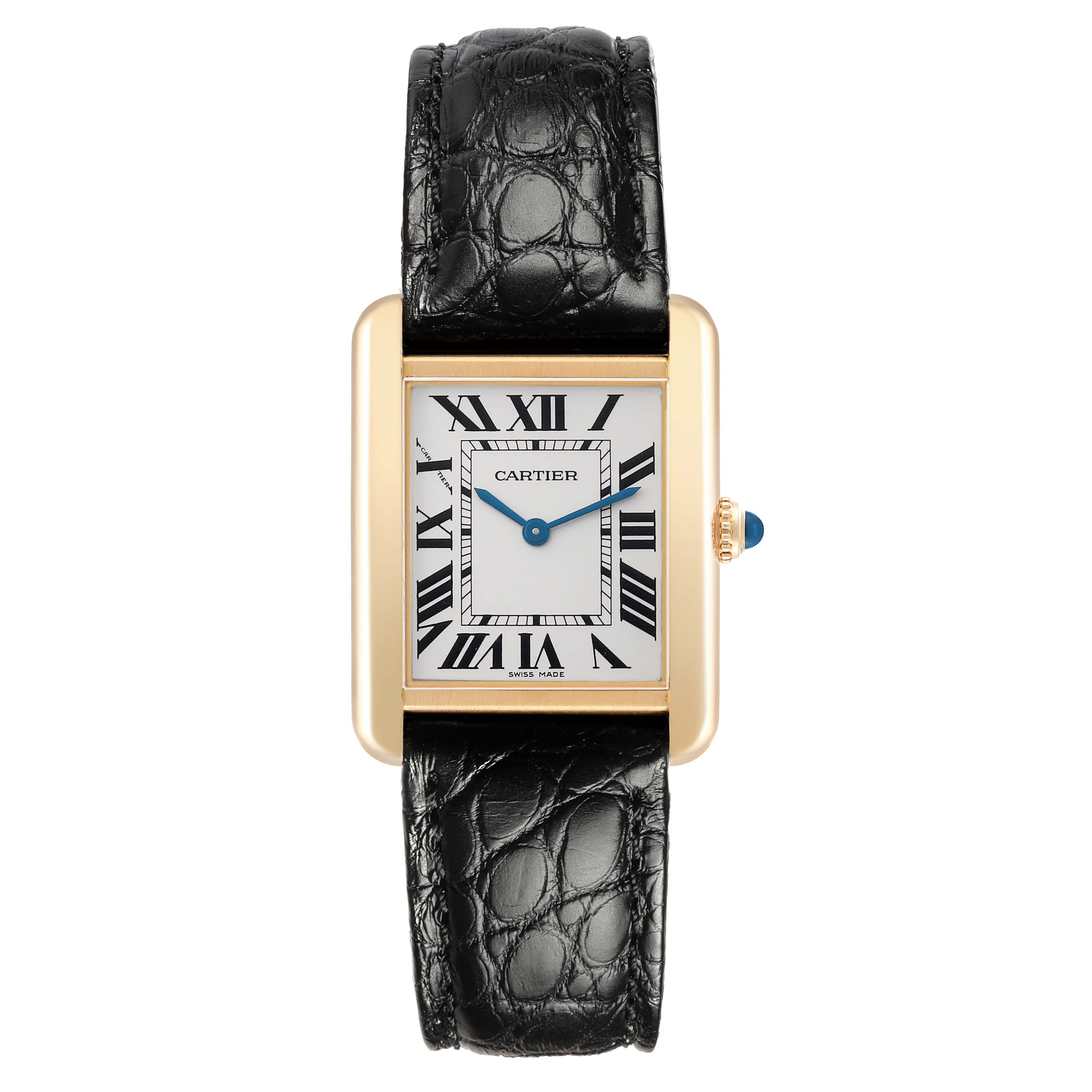 The Cartier Tank Solo W1018755 Women's Steel and Gold (two tone) Silver Dial watch is shown from a top-down angle, highlighting its rectangular face, black leather strap, and blue hands.