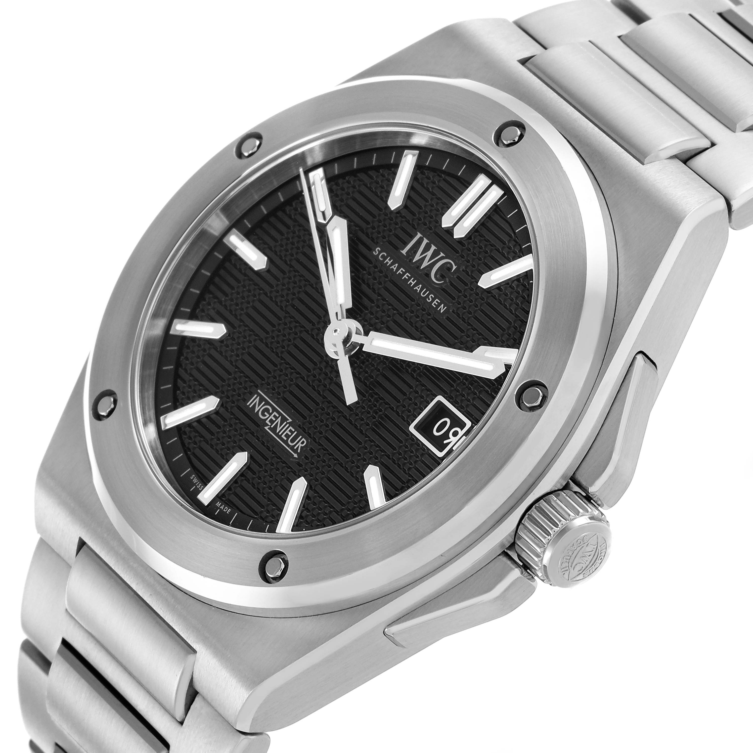 The IWC Ingenieur IW328901 Men's Stainless Steel Black Dial IW328901 Men's Stainless Steel Black Dial watch is shown from a slightly angled side view, highlighting the dial, crown, and bracelet.
