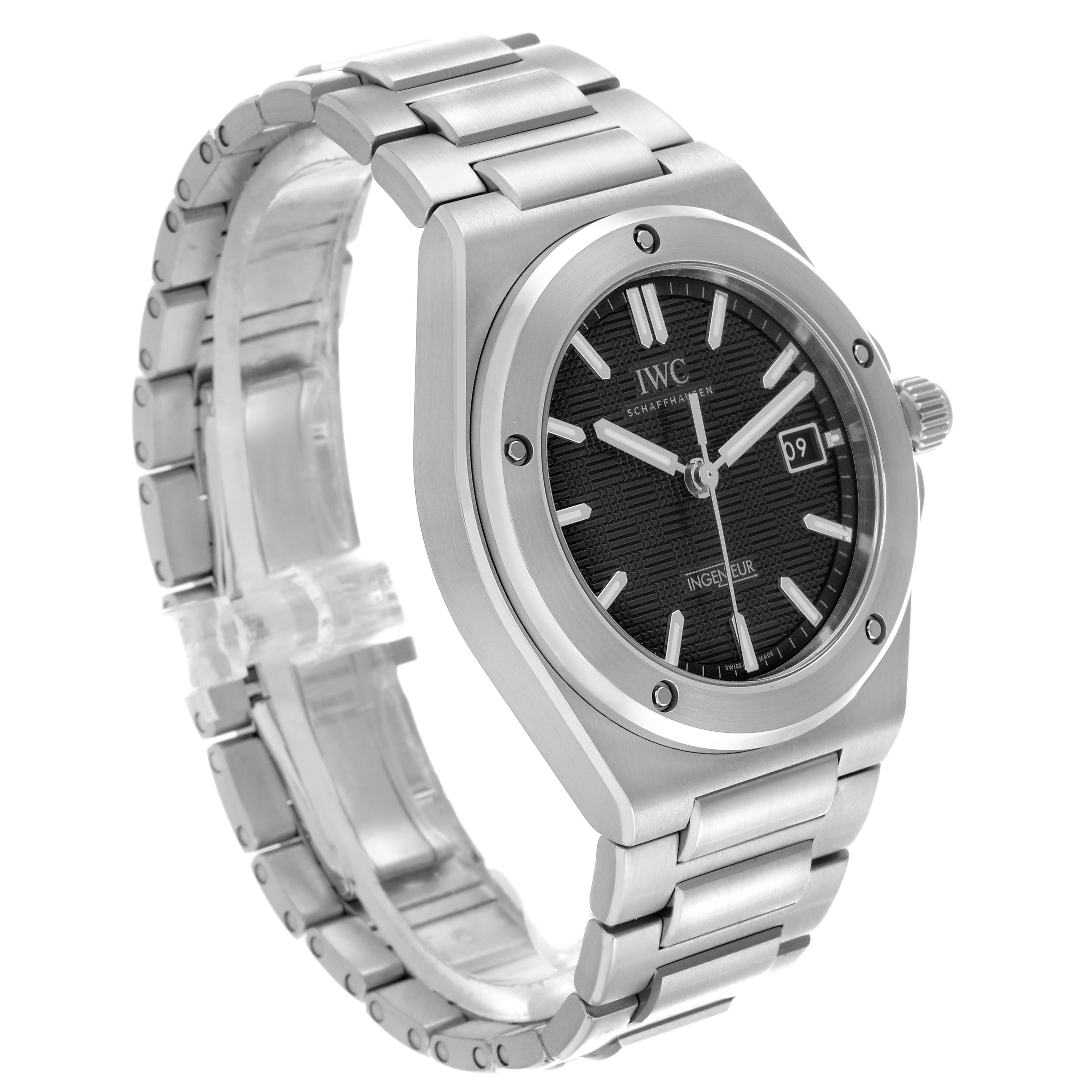 The IWC Ingenieur IW328901 Men's Stainless Steel Black Dial IW328901 Men's Stainless Steel Black Dial watch is shown from a three-quarter angle, highlighting the dial, bezel, crown, and bracelet.