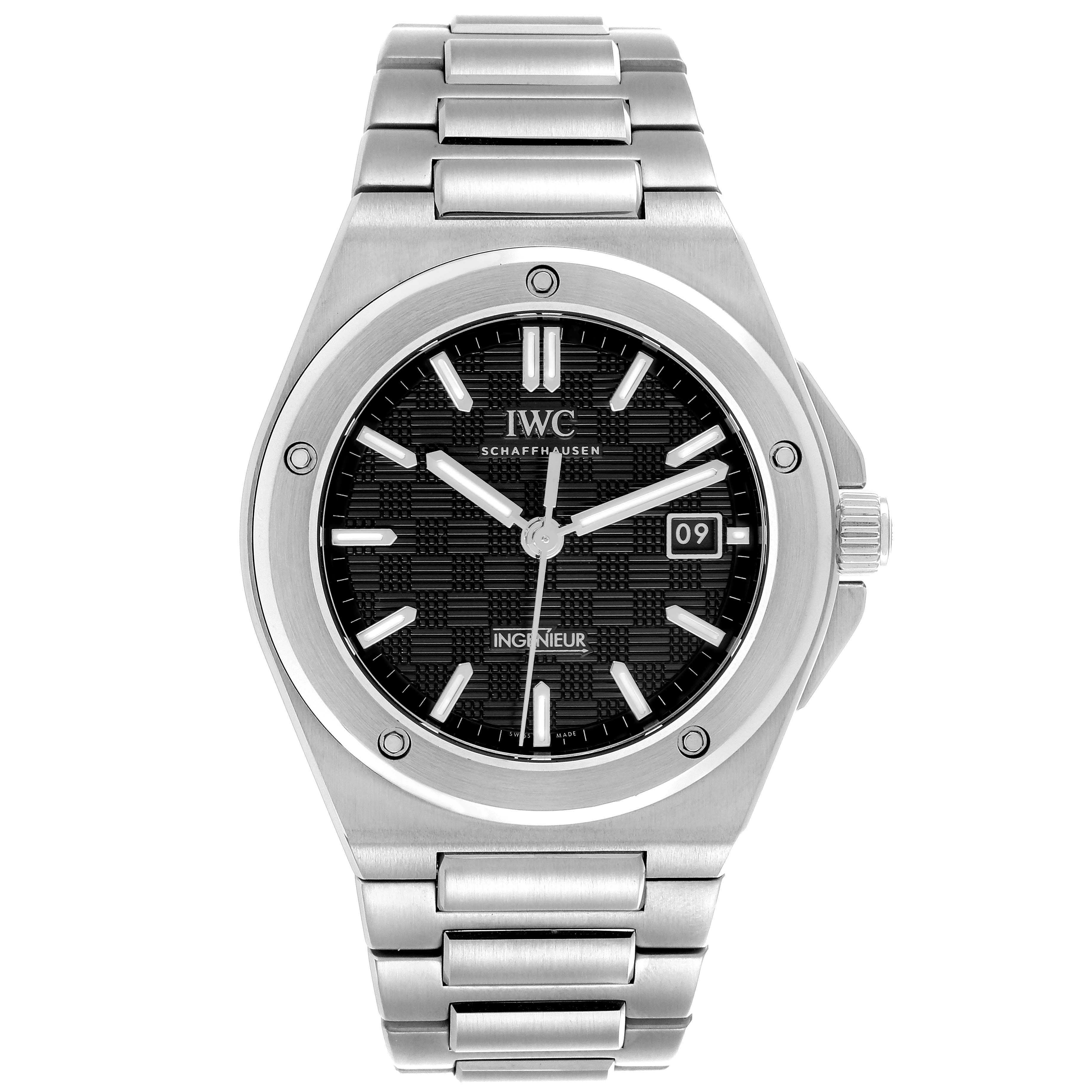 The IWC Ingenieur IW328901 Men's Stainless Steel Black Dial IW328901 Men's Stainless Steel Black Dial watch is shown from the front, displaying the face, bezel, bracelet, and crown.