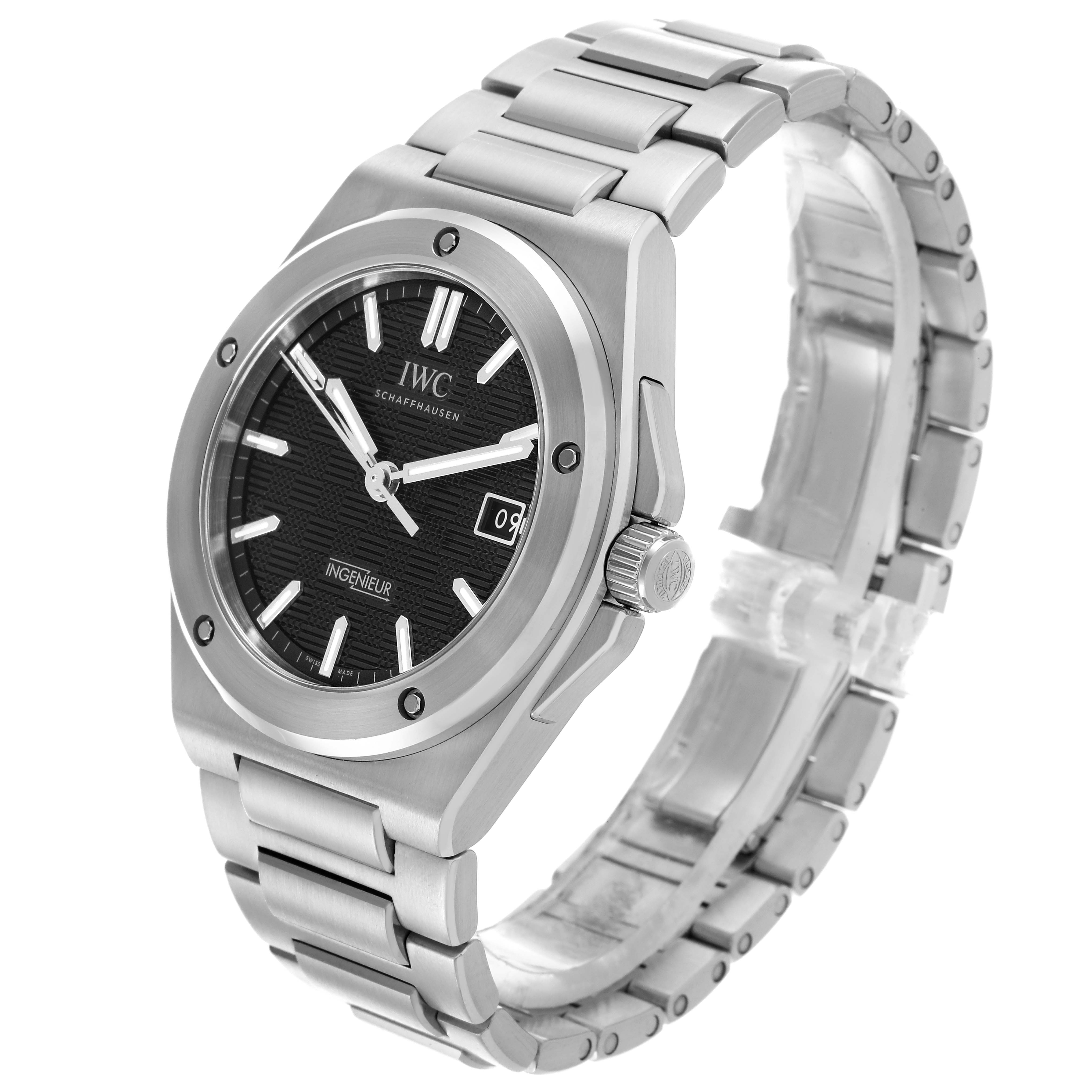 The IWC Ingenieur IW328901 Men's Stainless Steel Black Dial IW328901 Men's Stainless Steel Black Dial watch is shown at a three-quarter angle, highlighting the face, bezel, crown, and bracelet.