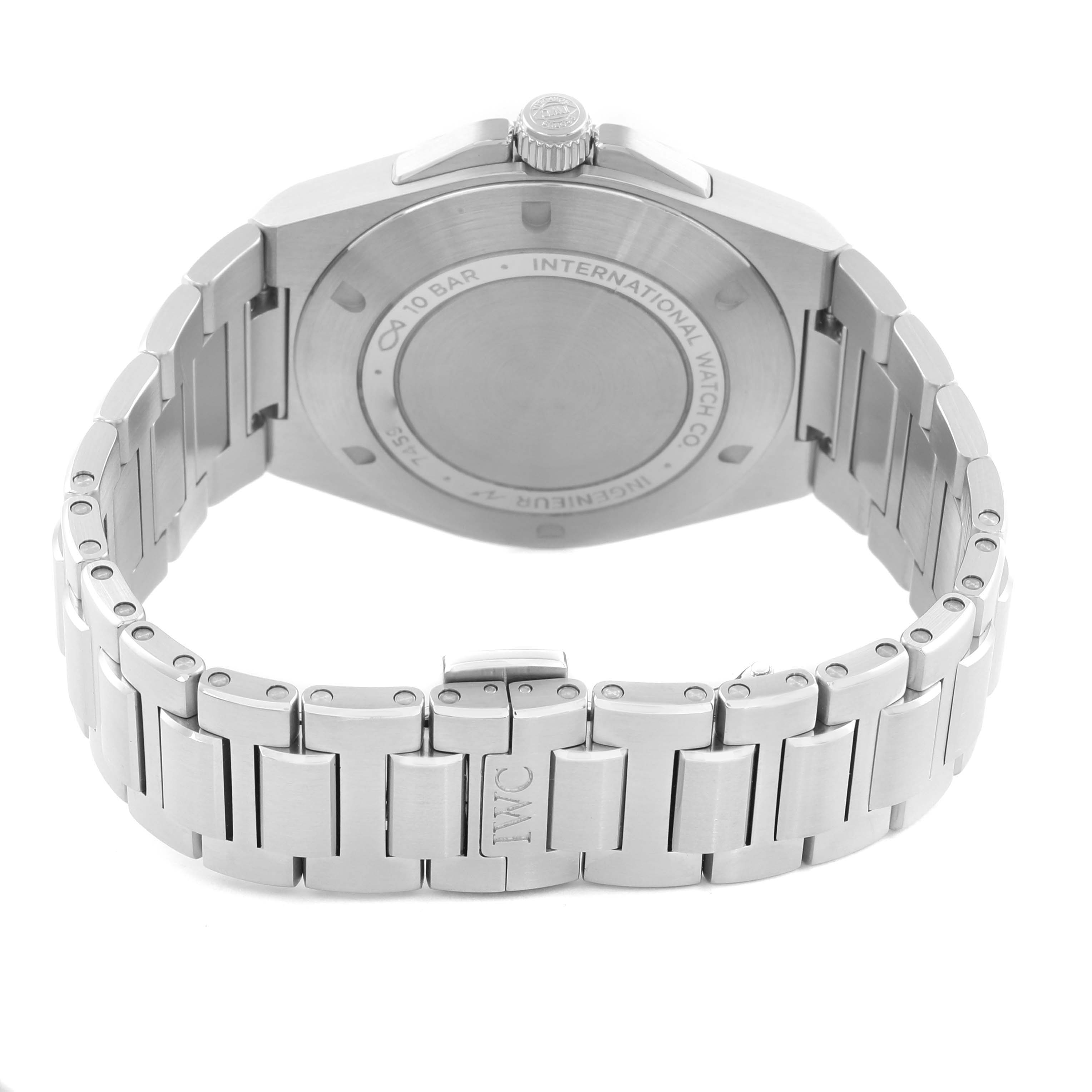 The image shows the back of the IWC Ingenieur IW328901 Men's Stainless Steel Black Dial IW328901 Men's Stainless Steel Black Dial watch, highlighting the case back, crown, and metal bracelet.