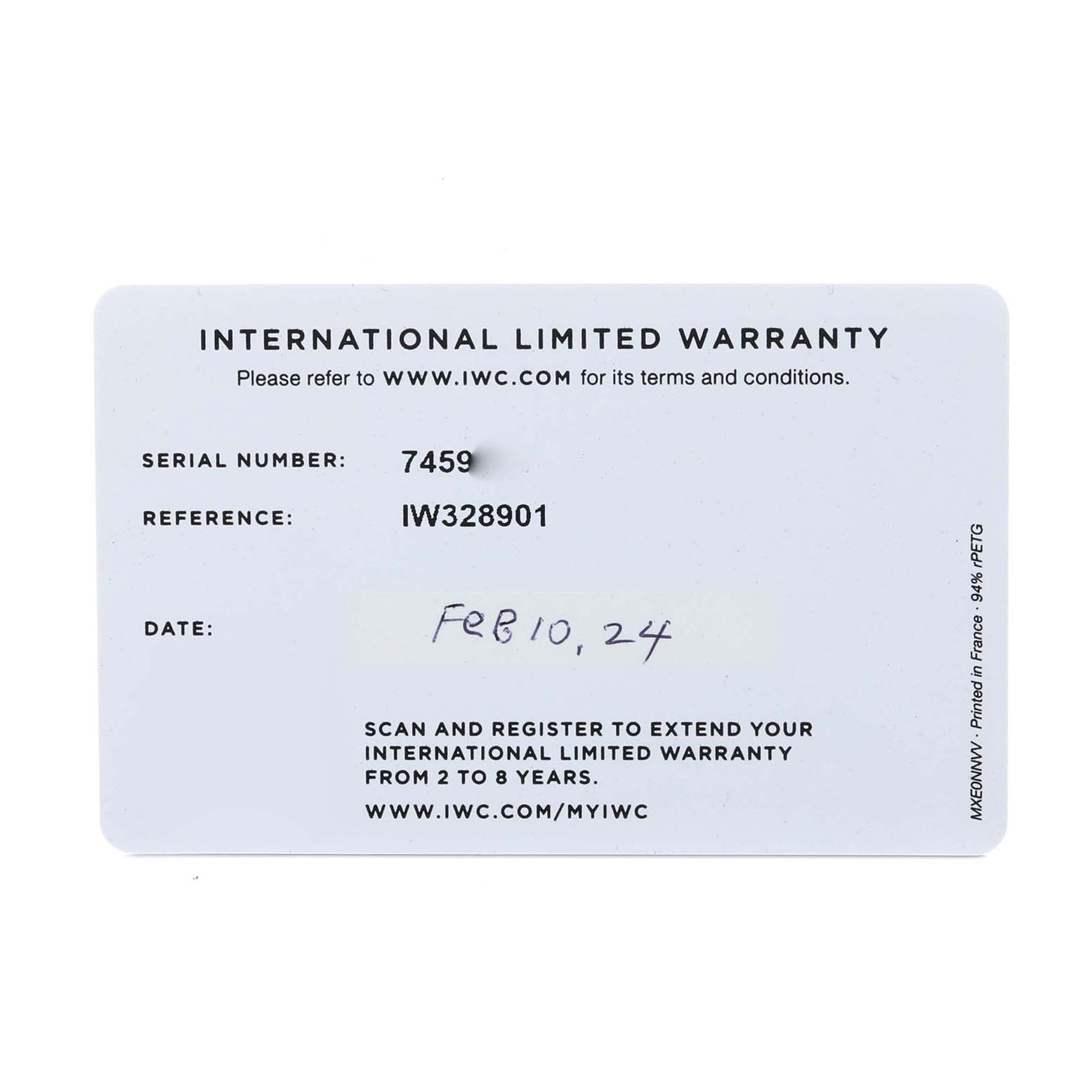 The image shows an international limited warranty card for the IWC Ingenieur IW328901 Men's Stainless Steel Black Dial IW328901 Men's Stainless Steel Black Dial watch model.