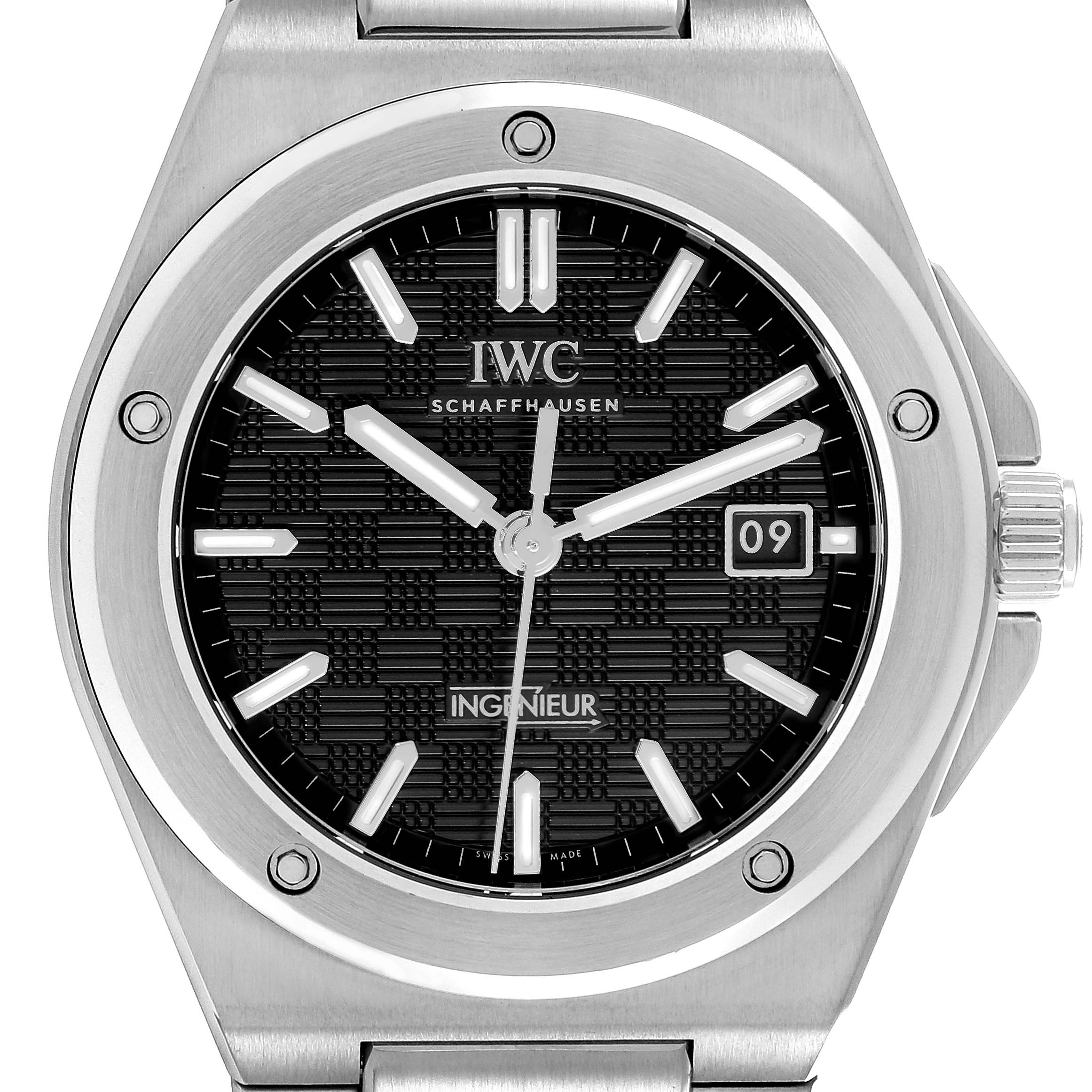 The IWC Ingenieur IW328901 Men's Stainless Steel Black Dial IW328901 Men's Stainless Steel Black Dial watch is shown from a front angle, displaying the dial, bezel, crown, and part of the bracelet.