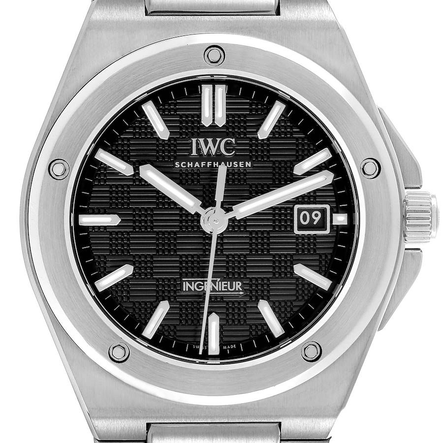 The IWC Ingenieur watch is shown from a front angle, displaying the dial, bezel, crown, and part of the bracelet.