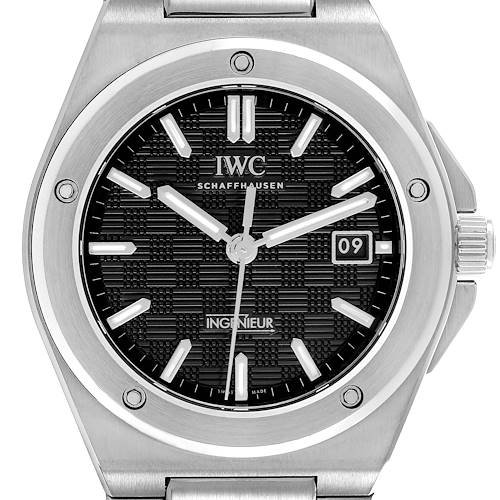 The image shows a front view of the IWC Ingenieur watch, highlighting the dial, bezel, and crown.