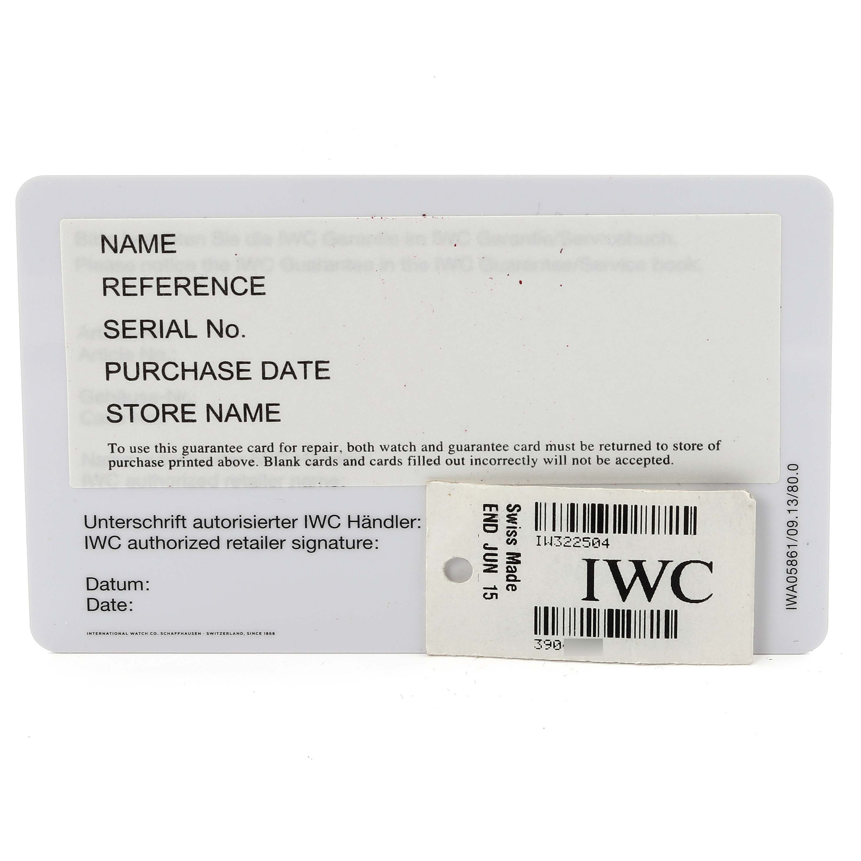 The image shows a warranty or guarantee card for the IWC Ingenieur IW322504 Men's Ceramic Brown Dial IW322504 Men's Ceramic Brown Dial watch, displaying spaces for name, reference, serial number, and more.