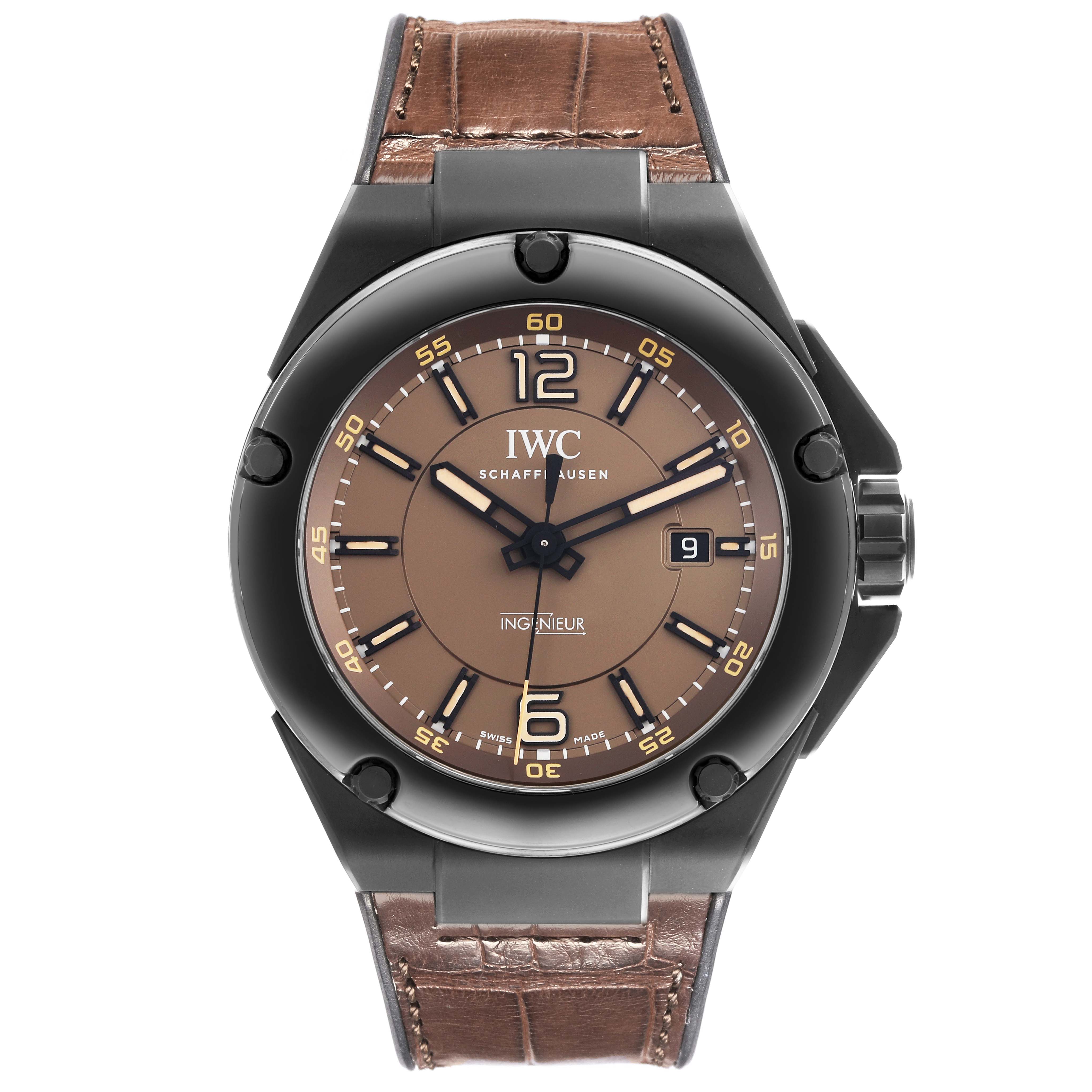The IWC Ingenieur IW322504 Men's Ceramic Brown Dial IW322504 Men's Ceramic Brown Dial watch is shown from a front angle, highlighting the dial, case, and leather strap.