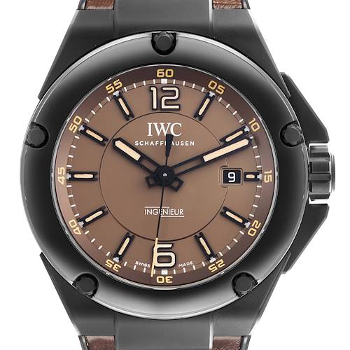 The IWC Ingenieur watch is shown from a front angle, featuring the dial and bezel.