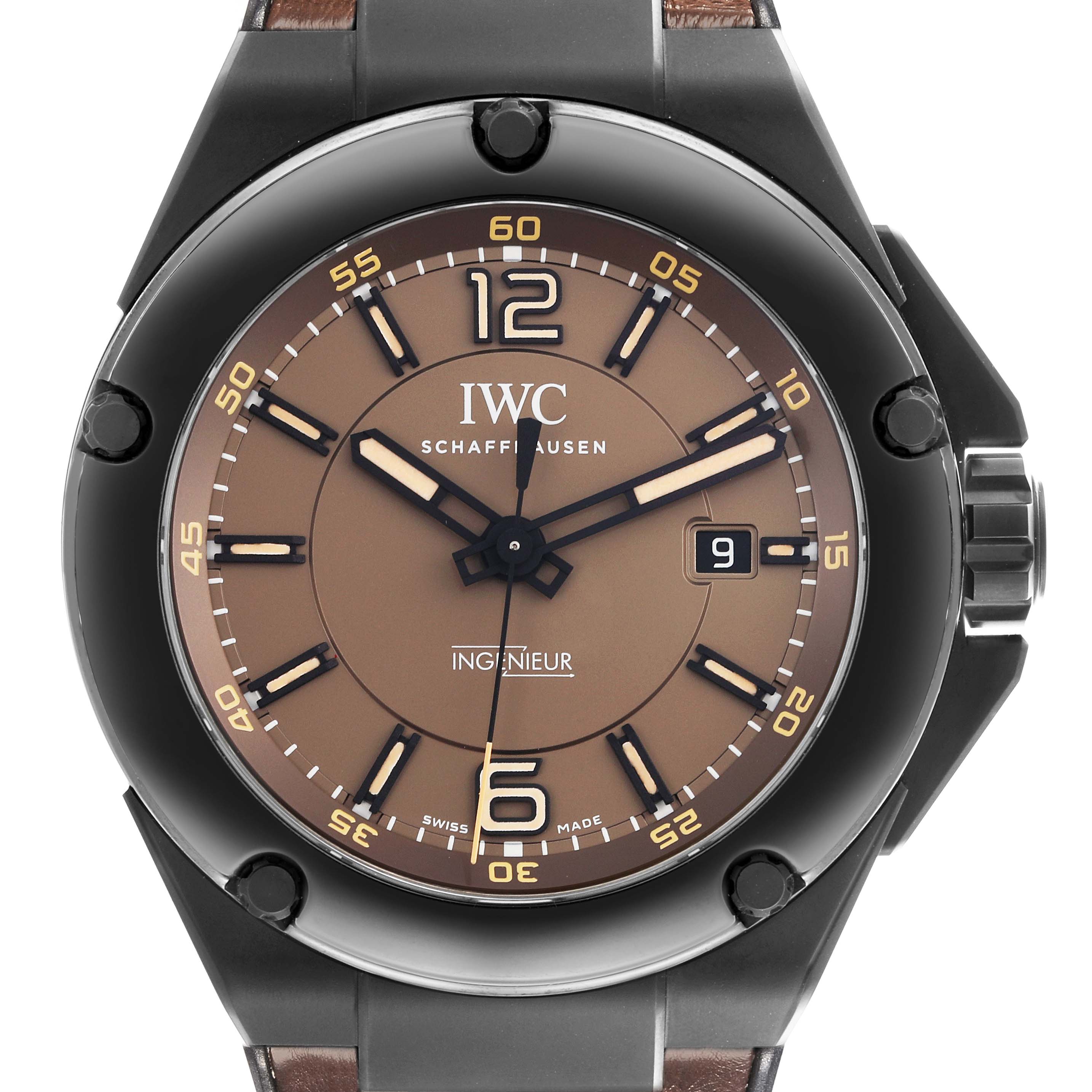 The IWC Ingenieur IW322504 Men's Ceramic Brown Dial IW322504 Men's Ceramic Brown Dial watch is shown from the front, highlighting the dial, bezel, and crown.