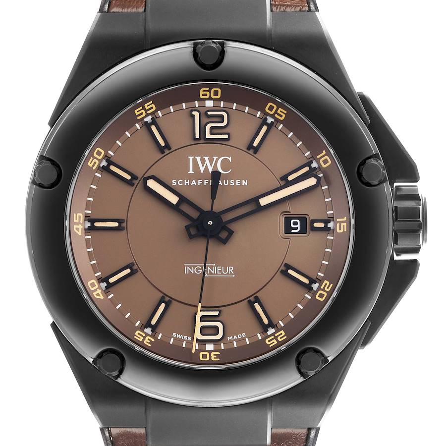 The IWC Ingenieur watch is shown from the front, highlighting the dial, bezel, and crown.