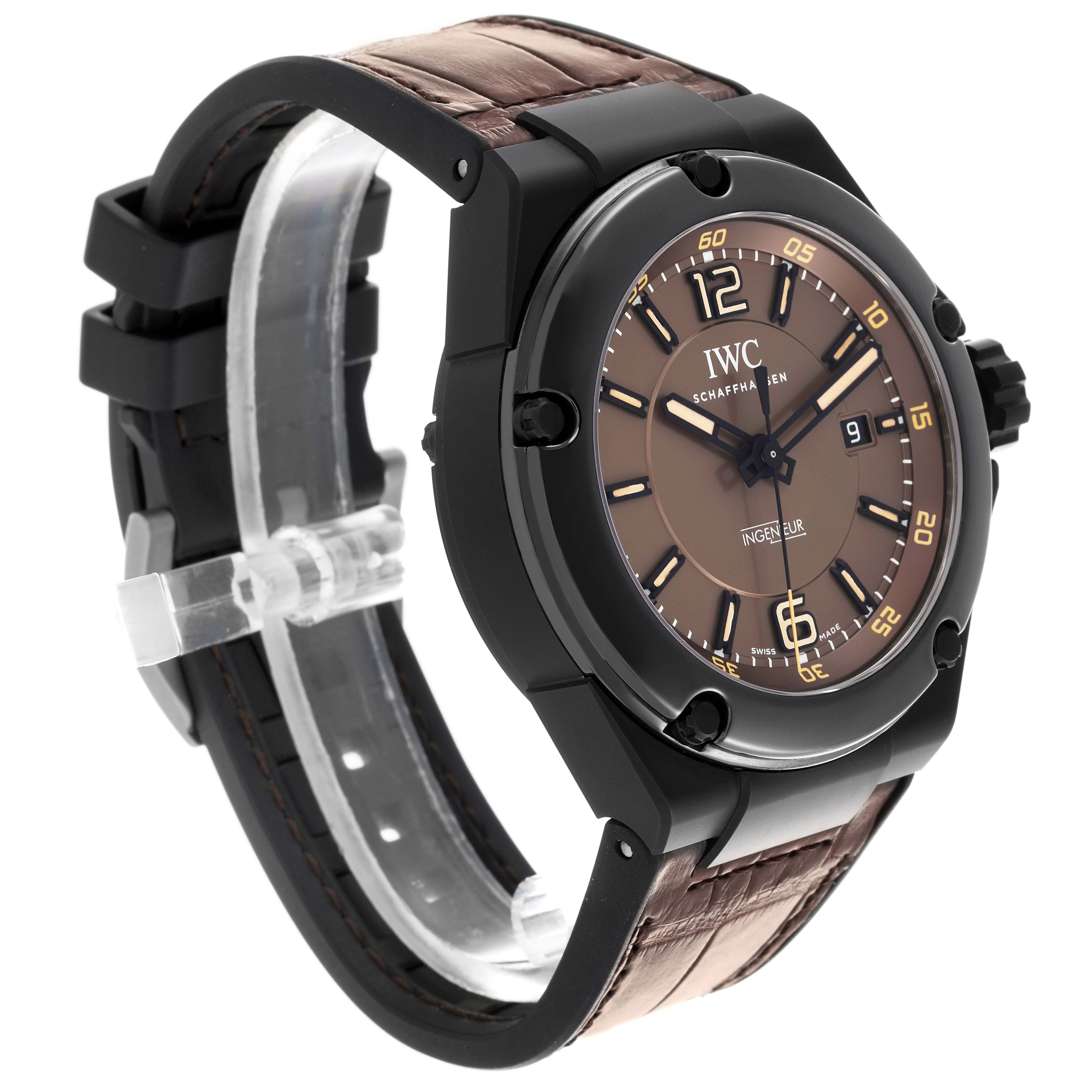 The IWC Ingenieur IW322504 Men's Ceramic Brown Dial IW322504 Men's Ceramic Brown Dial watch is shown at a slight angle, highlighting the dial, case, and leather strap.