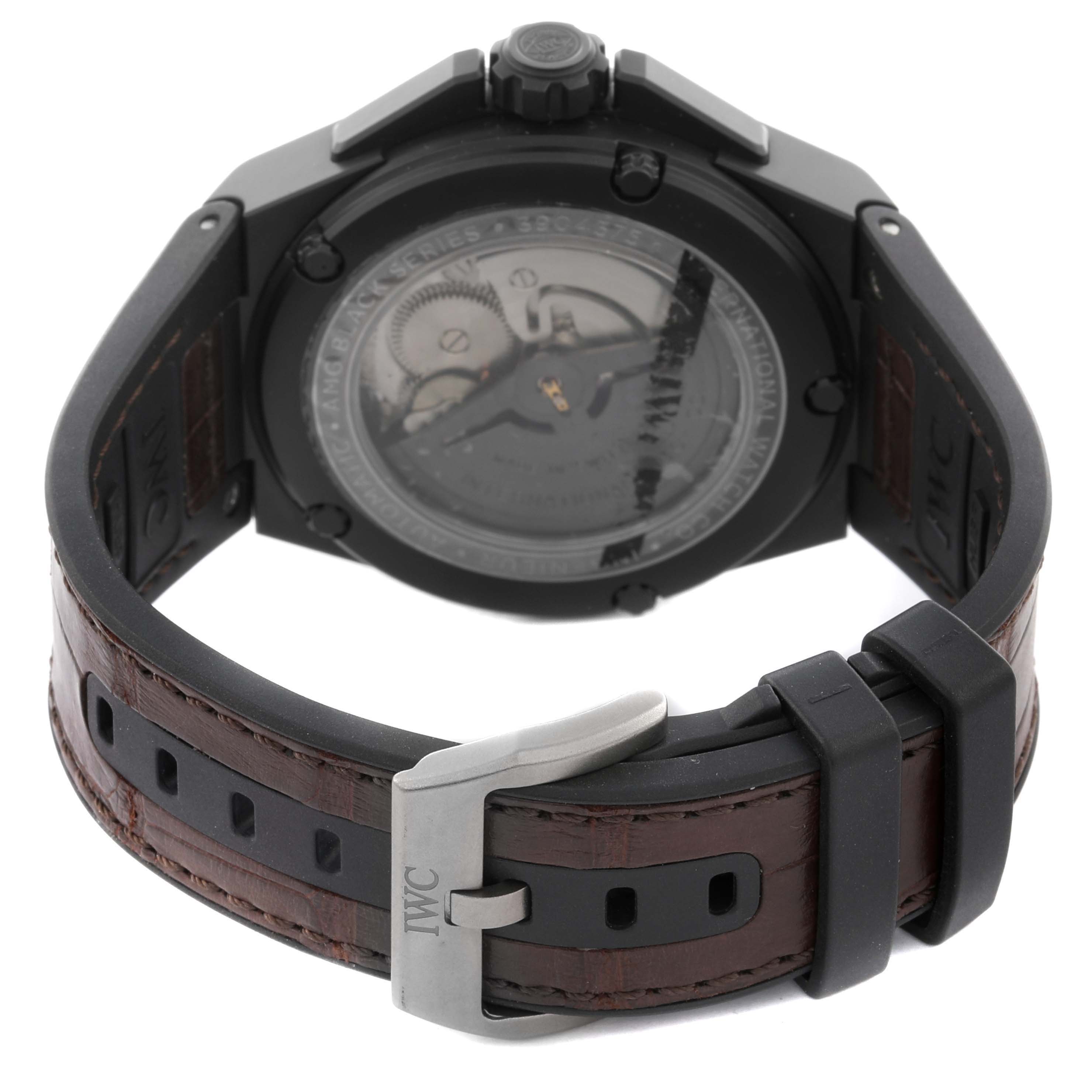 The image shows the back view of the IWC Ingenieur IW322504 Men's Ceramic Brown Dial IW322504 Men's Ceramic Brown Dial watch, highlighting the clasp and strap details.