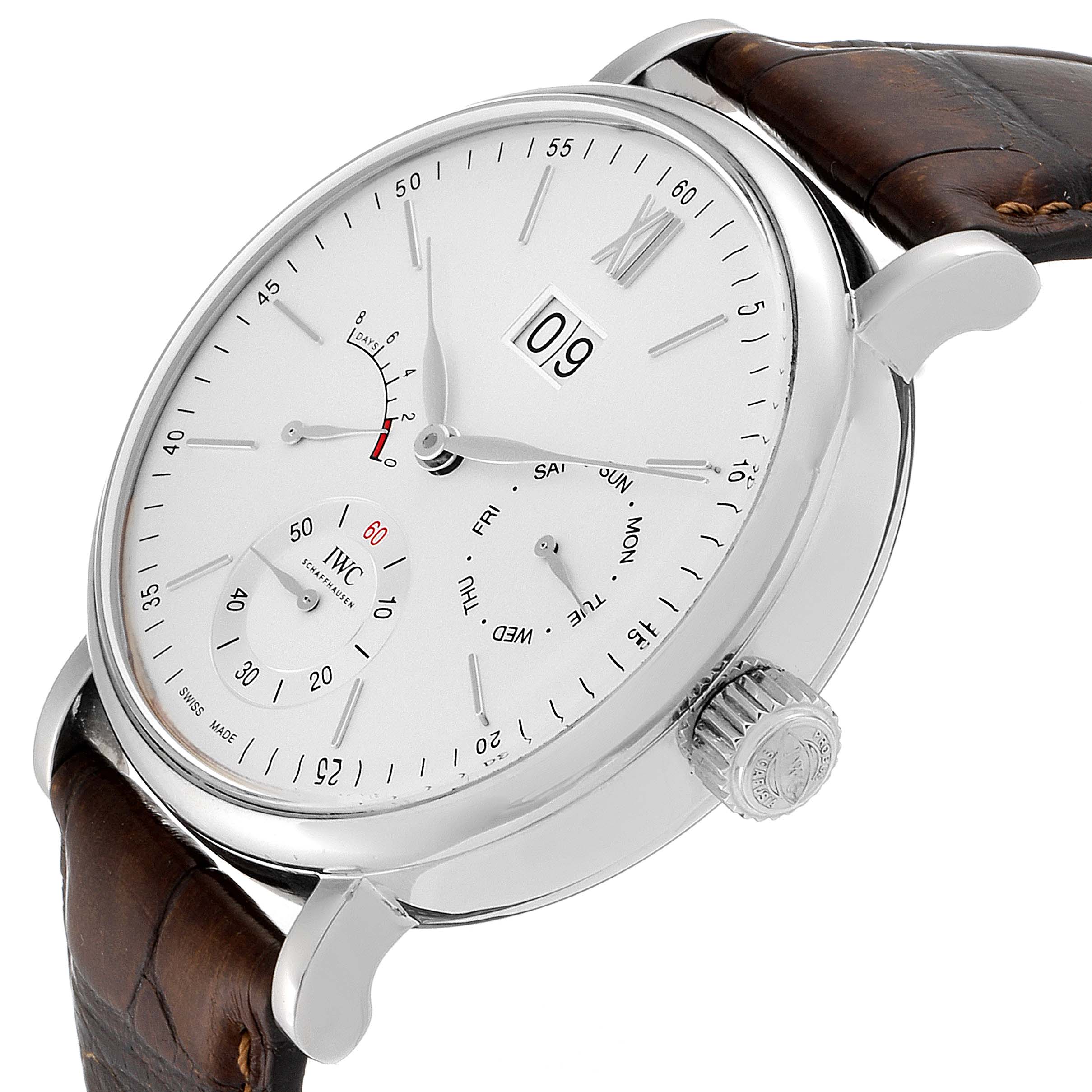 The image shows an angled side view of an IWC Portofino IW516201 Men's Stainless Steel Silver Dial IW516201 Men's Stainless Steel Silver Dial watch, highlighting its dial, crown, and leather strap.