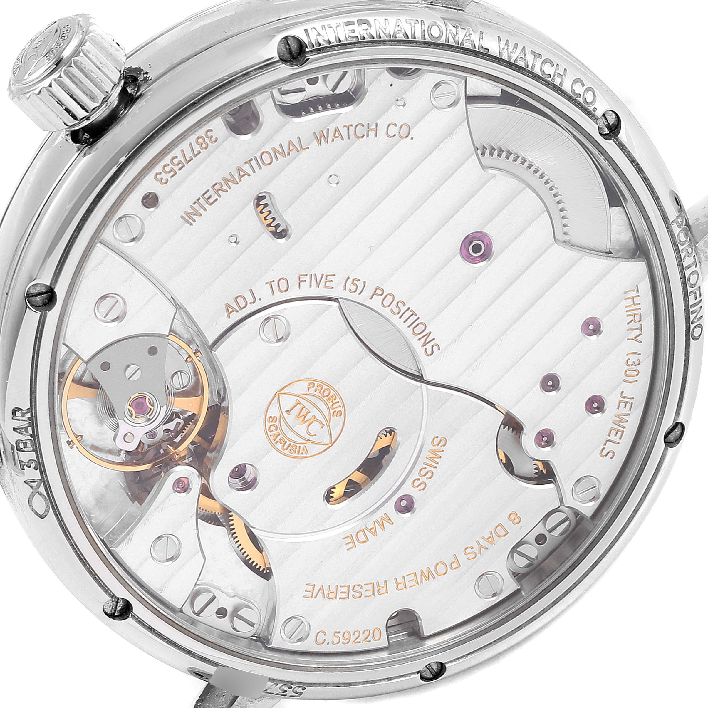 This image shows the backside of the IWC Portofino IW516201 Men's Stainless Steel Silver Dial IW516201 Men's Stainless Steel Silver Dial watch, revealing the intricate mechanical movement and internal components.