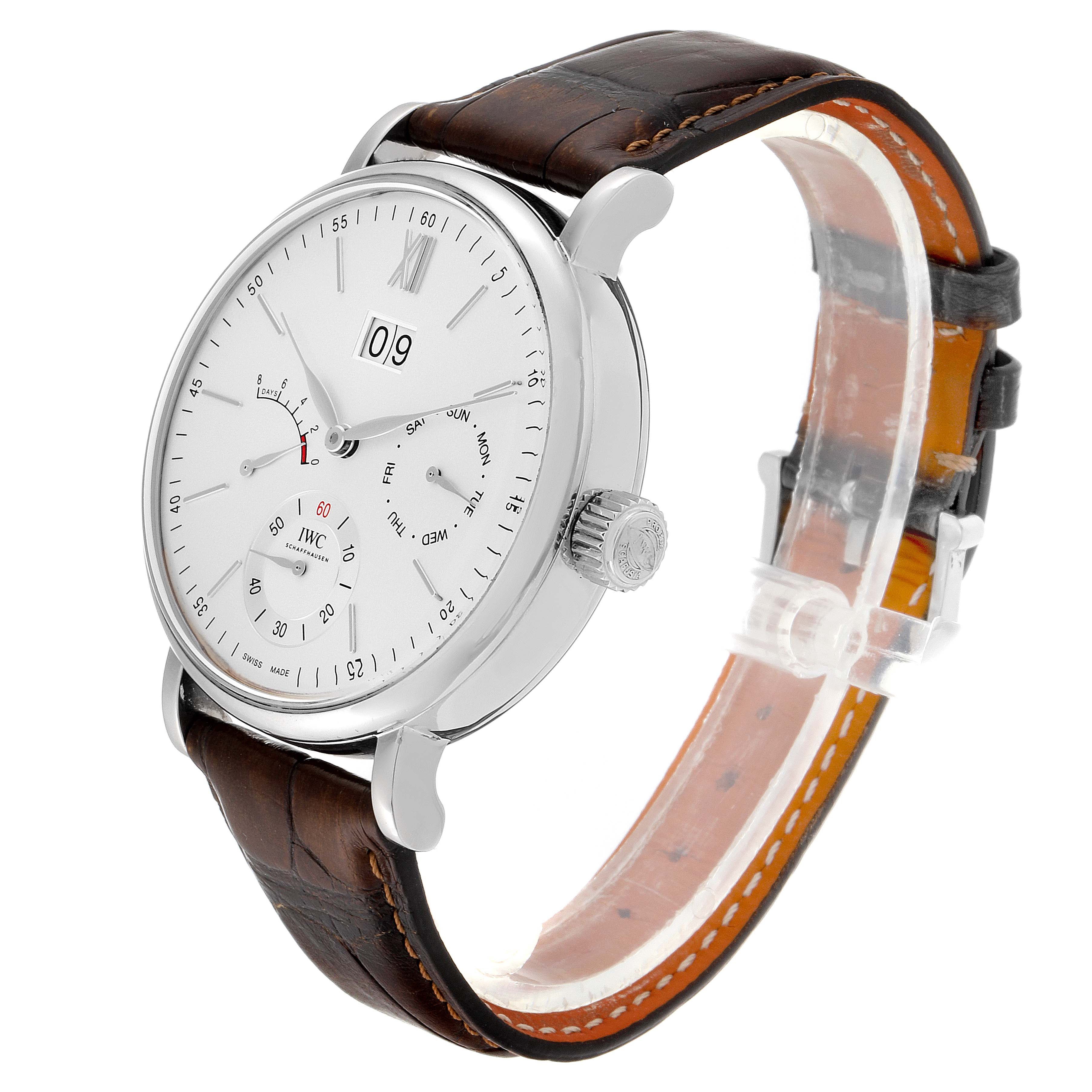 The IWC Portofino IW516201 Men's Stainless Steel Silver Dial IW516201 Men's Stainless Steel Silver Dial watch is shown at a slight angle, displaying the face, crown, and part of the brown leather strap.