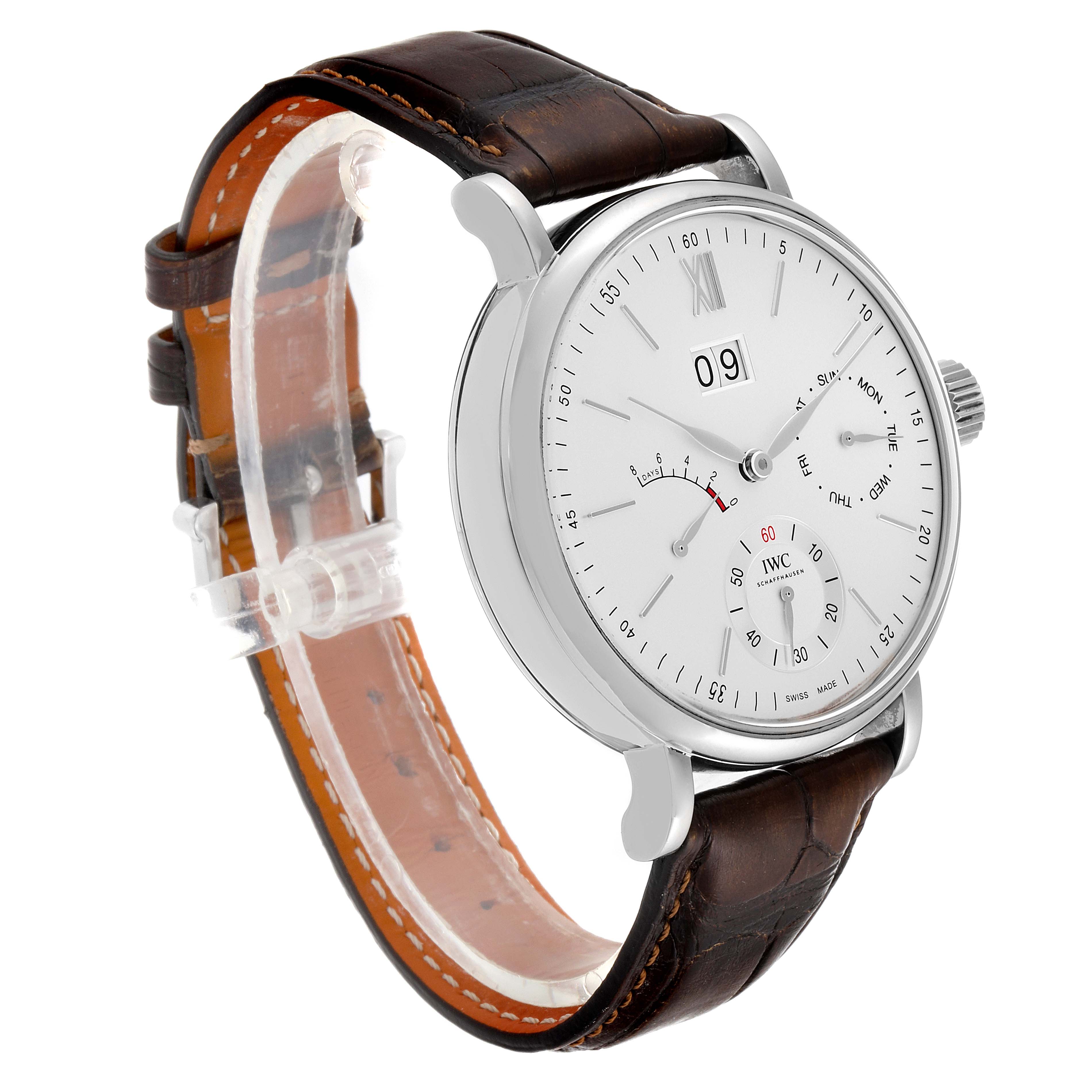 The IWC Portofino IW516201 Men's Stainless Steel Silver Dial IW516201 Men's Stainless Steel Silver Dial watch is shown at a three-quarter angle, displaying its white dial, subdials, and brown leather strap.