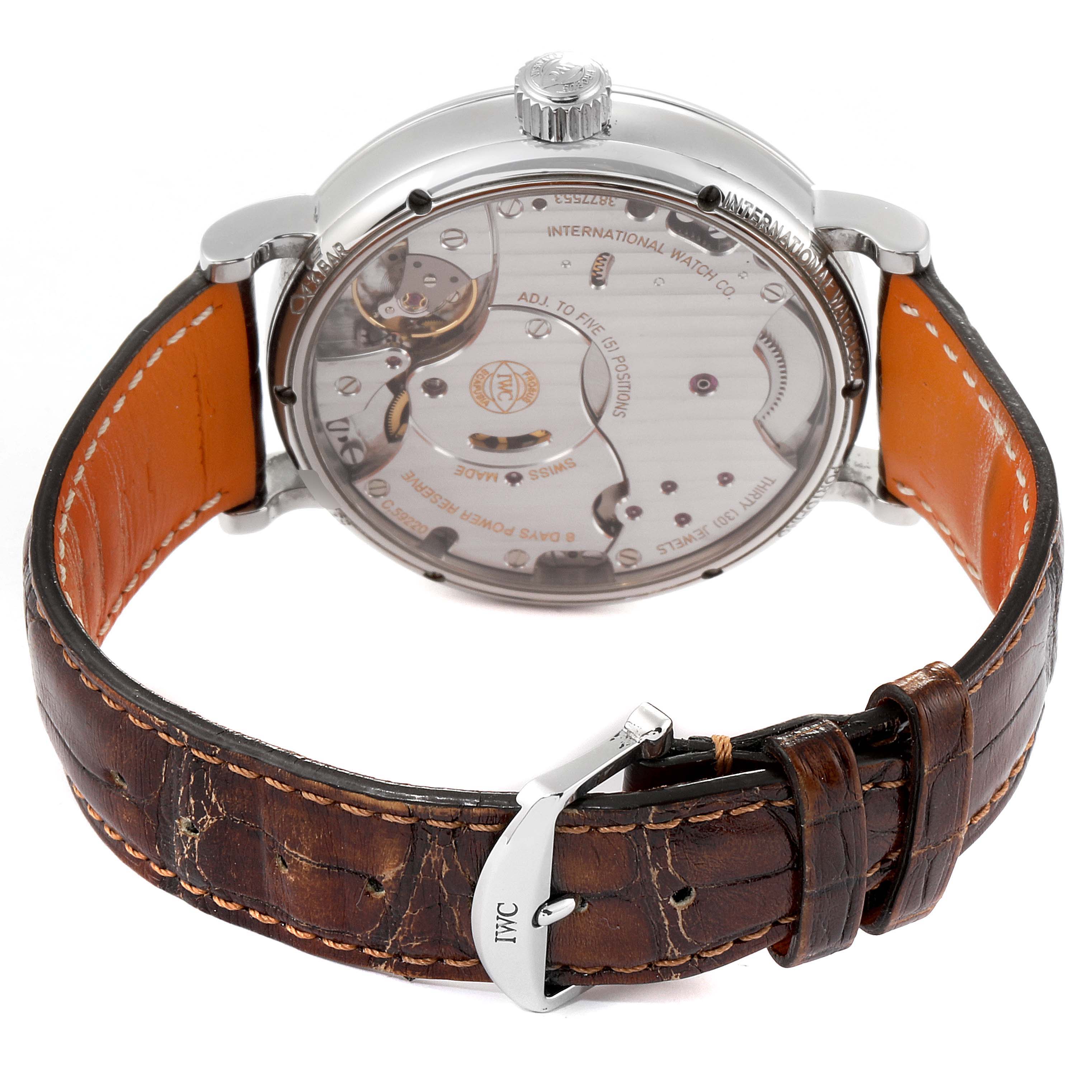 The image shows the back view of an IWC Portofino IW516201 Men's Stainless Steel Silver Dial IW516201 Men's Stainless Steel Silver Dial watch, highlighting its mechanical movement and leather strap.