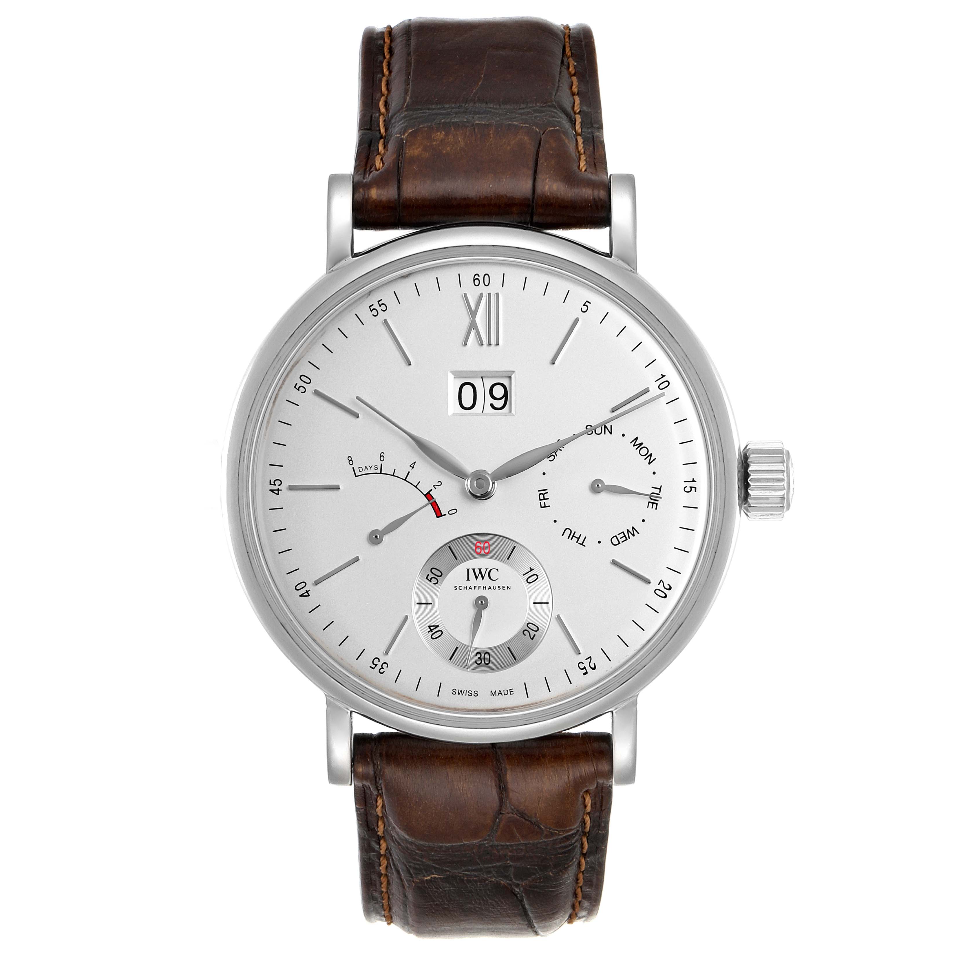 This image shows a front view of an IWC Portofino IW516201 Men's Stainless Steel Silver Dial IW516201 Men's Stainless Steel Silver Dial watch, featuring the dial, hands, date display, and brown leather strap.