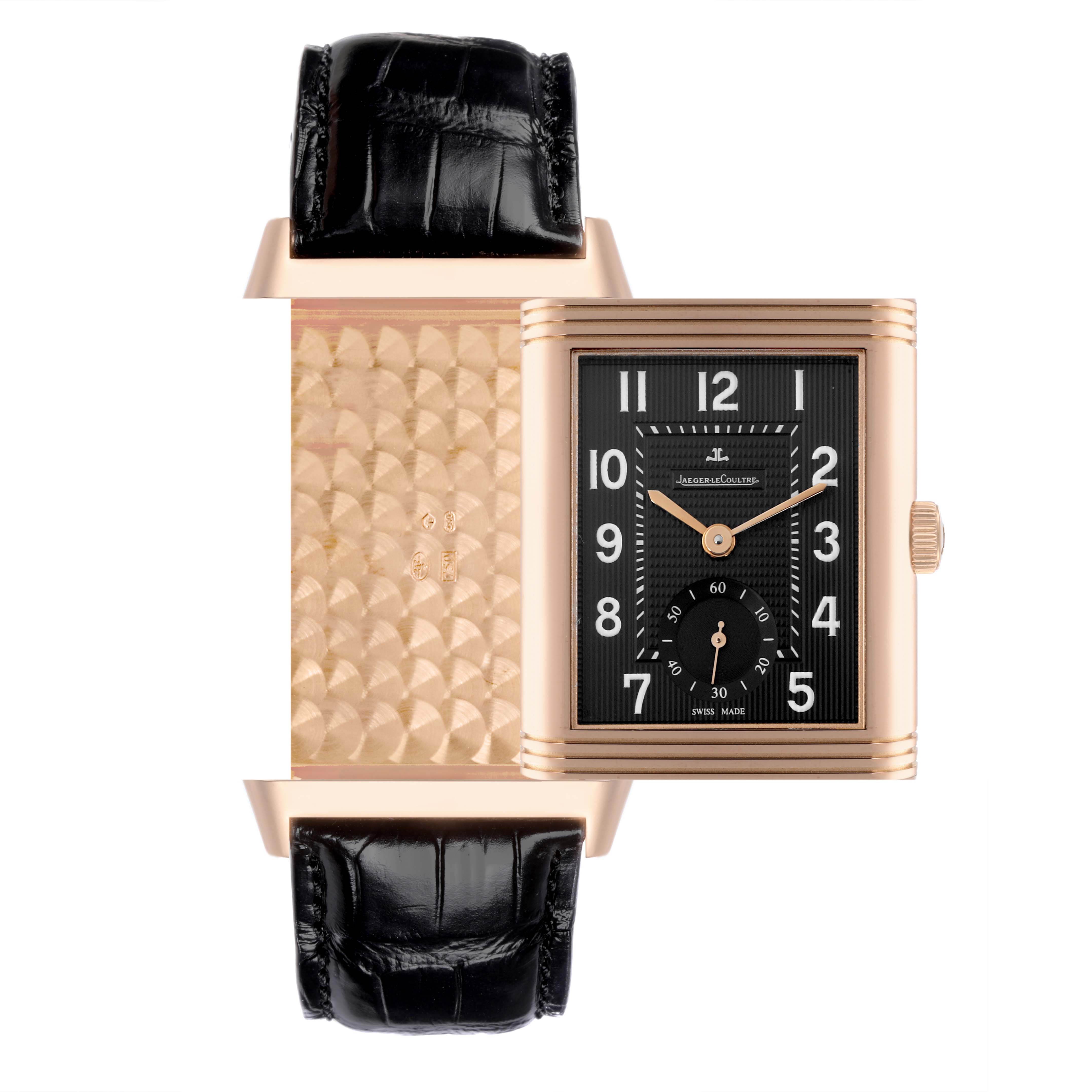The image shows the Jaeger-LeCoultre Reverso model with both the front dial and the decorative back side visible.