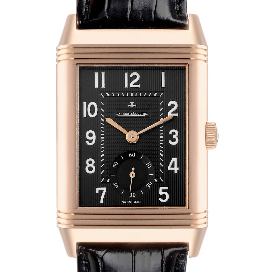 The Jaeger-LeCoultre Reverso watch is shown from the front, highlighting the face, hands, and crown with a leather strap.