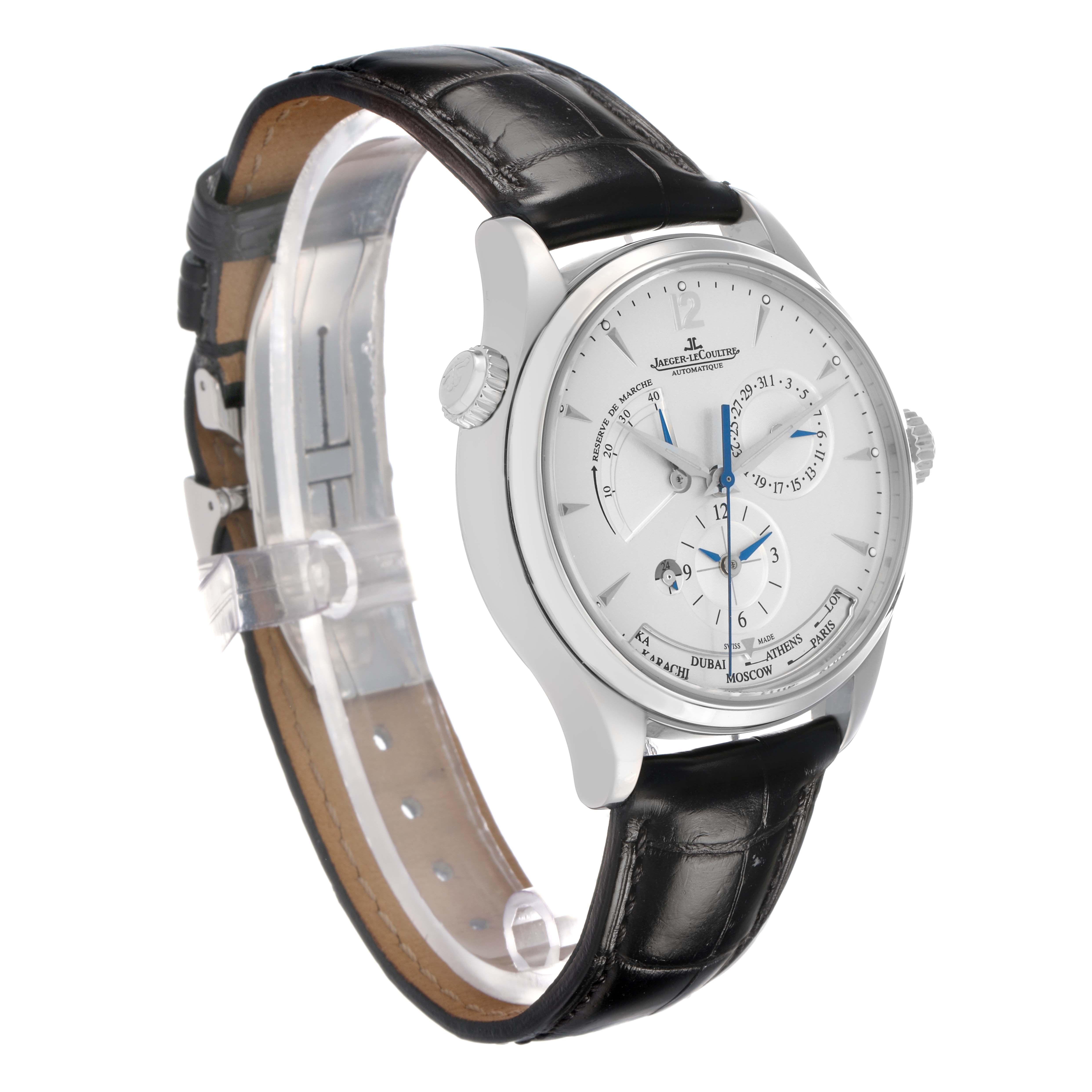 The Jaeger-LeCoultre Master watch is shown at a three-quarter angle, highlighting the face, case, and black leather strap.