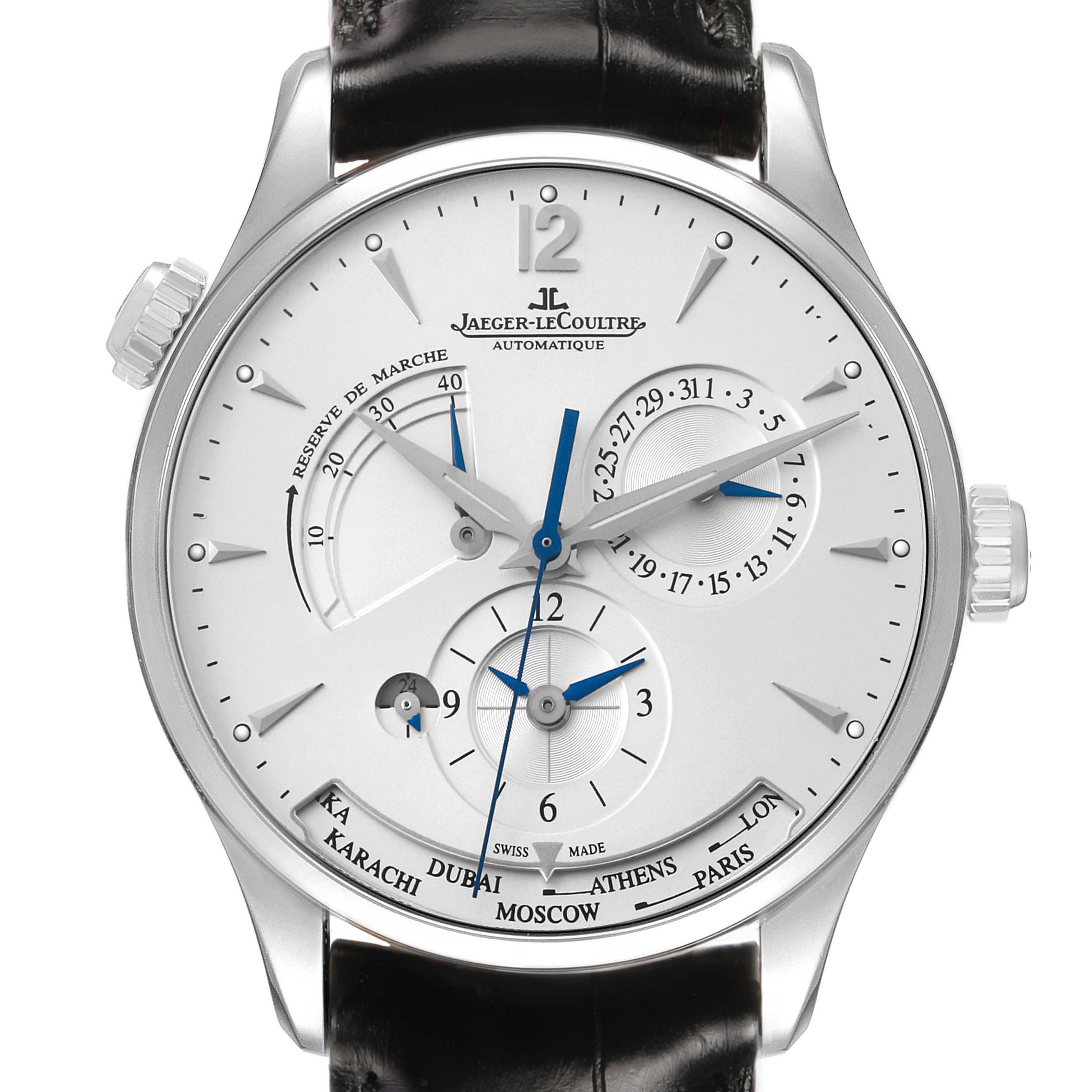 The image shows a frontal view of the Jaeger-LeCoultre Master model, highlighting the dial, hour markers, and subdials.