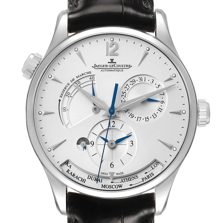 The image shows a frontal view of the Jaeger-LeCoultre Master model, highlighting the dial, hour markers, and subdials.