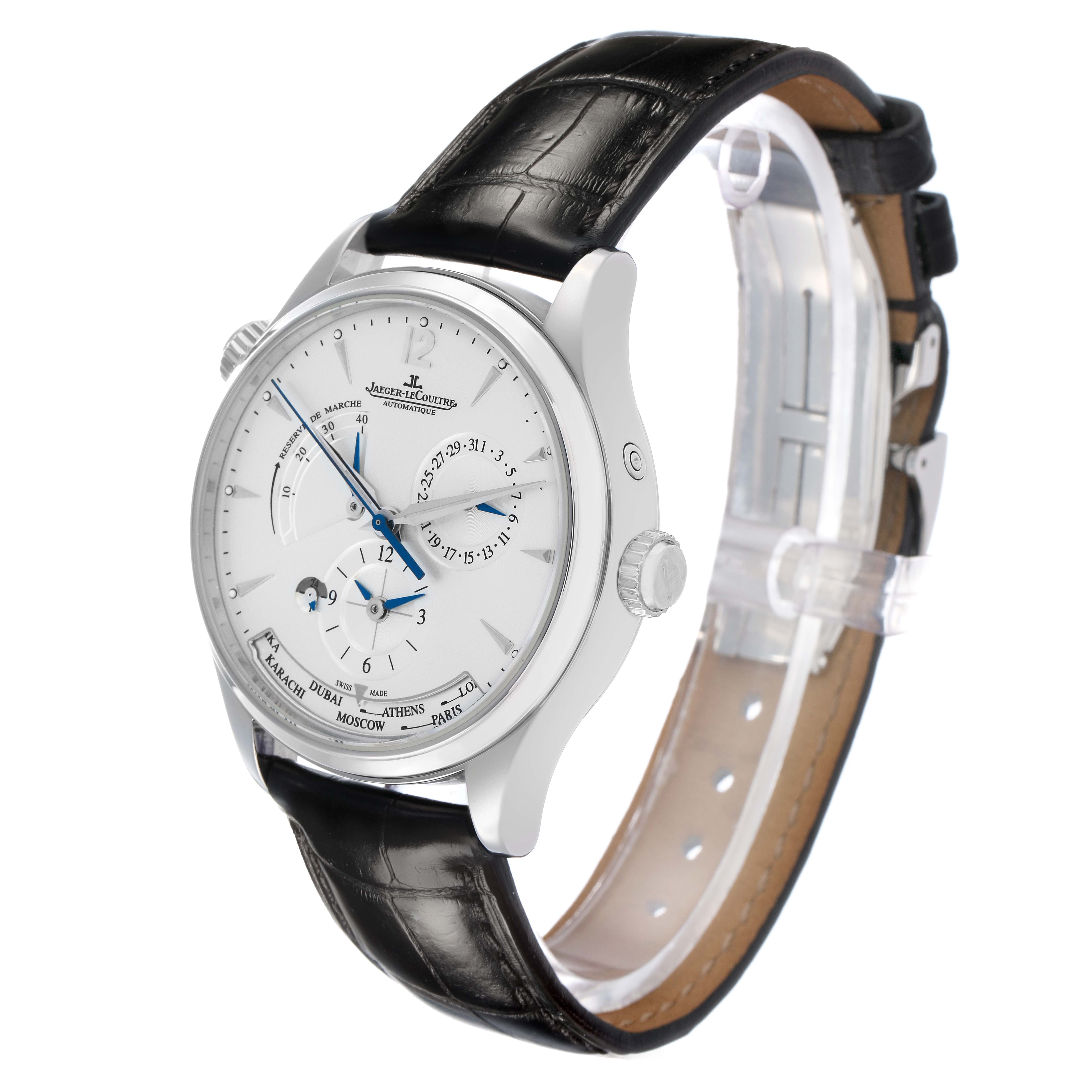 The Jaeger LeCoultre Master Q1428421 Men's Stainless Steel Silver Dial watch is shown in a three-quarter view, highlighting the dial, crown, and leather strap.