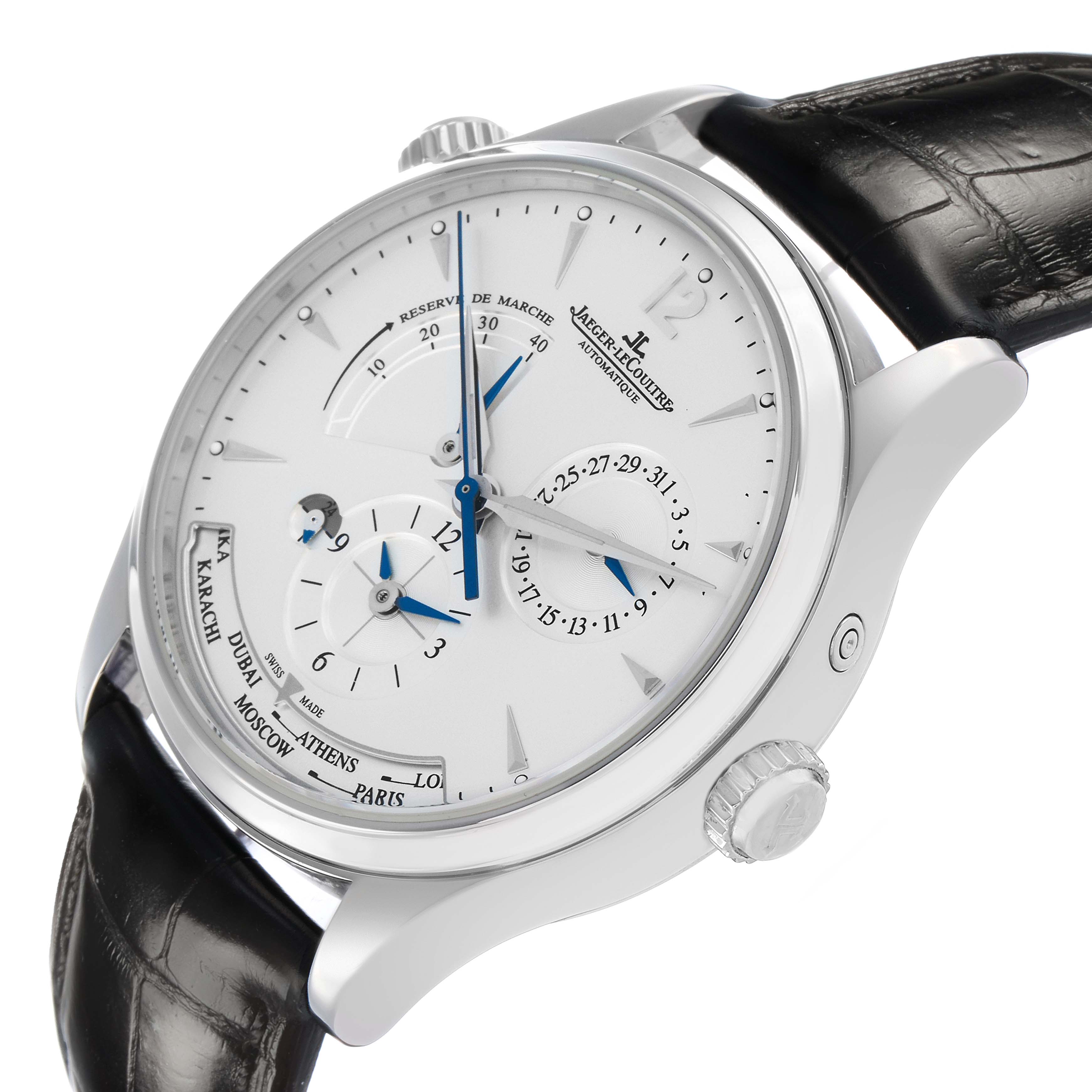 The image shows a Jaeger LeCoultre Master Q1428421 Men's Stainless Steel Silver Dial model watch at an angled view, highlighting the dial, subdials, and crown.