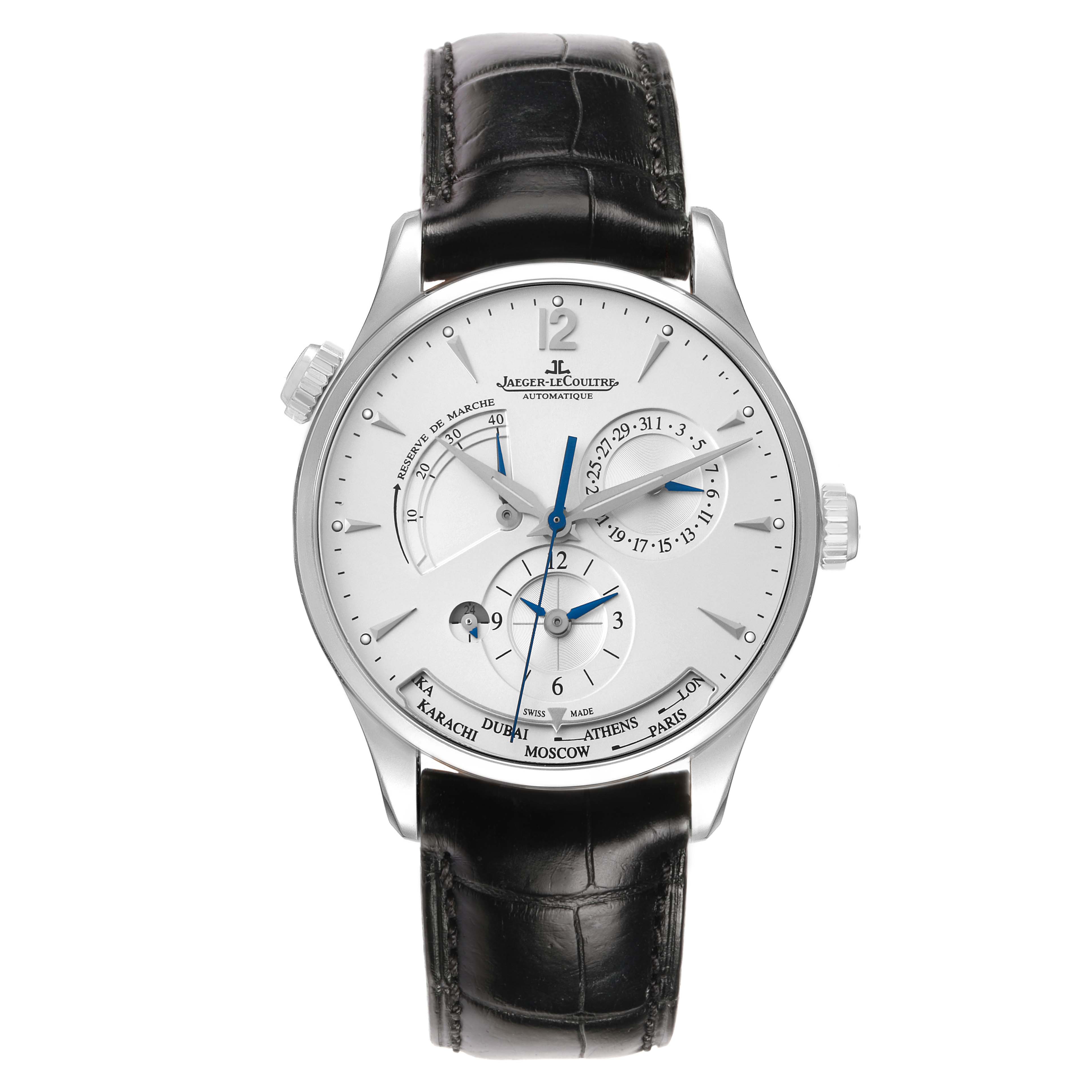 The Jaeger-LeCoultre Master model watch is shown from a front view, displaying the dial, hands, subdials, and its leather strap.