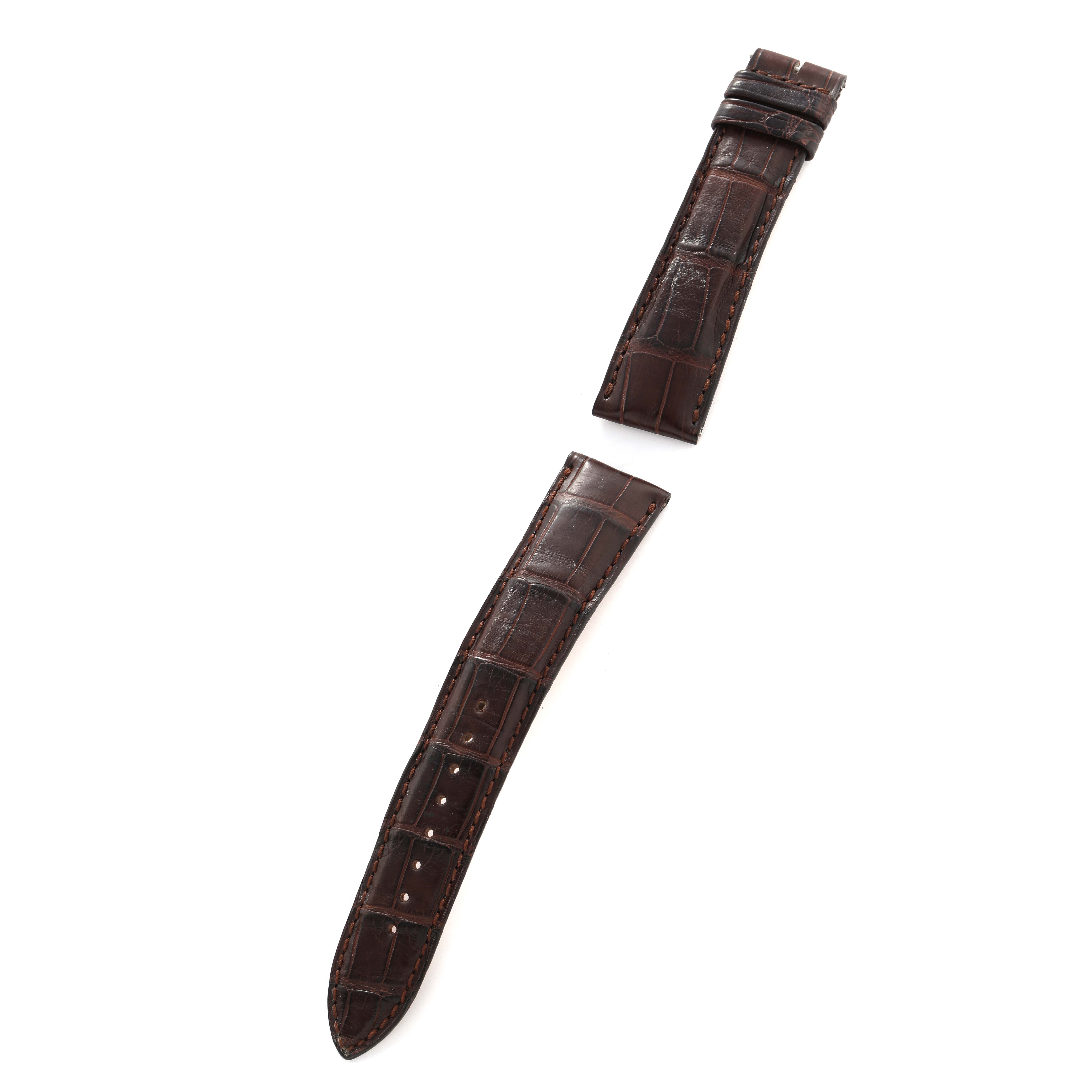 The image shows brown leather straps for a Jaeger LeCoultre Master Q1428421 Men's Stainless Steel Silver Dial model, displayed from a top view.