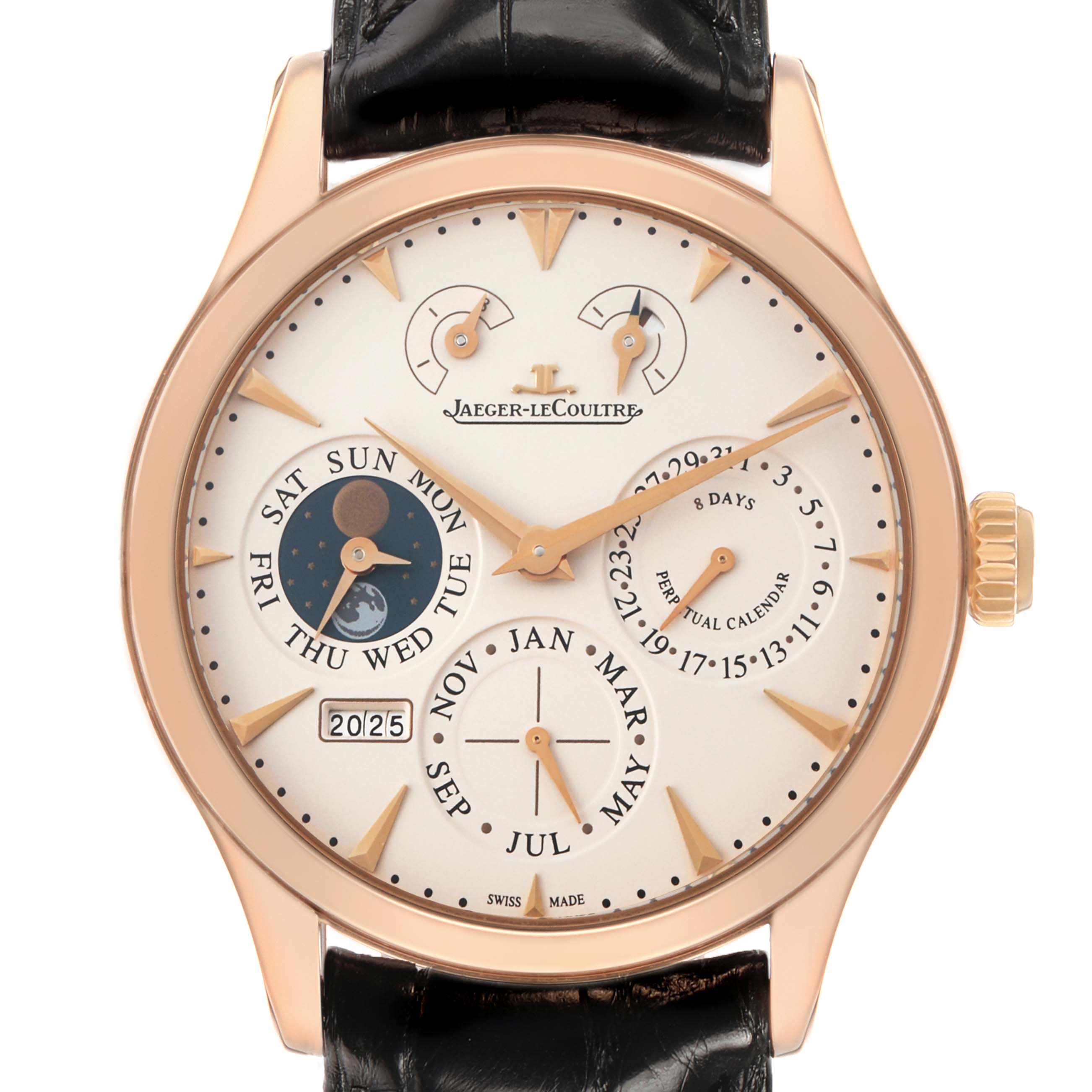 The Jaeger LeCoultre Master Q1612520 Men's Rose Gold Silver Dial watch is shown from a front angle, highlighting its perpetual calendar, moon phase, and date functions.