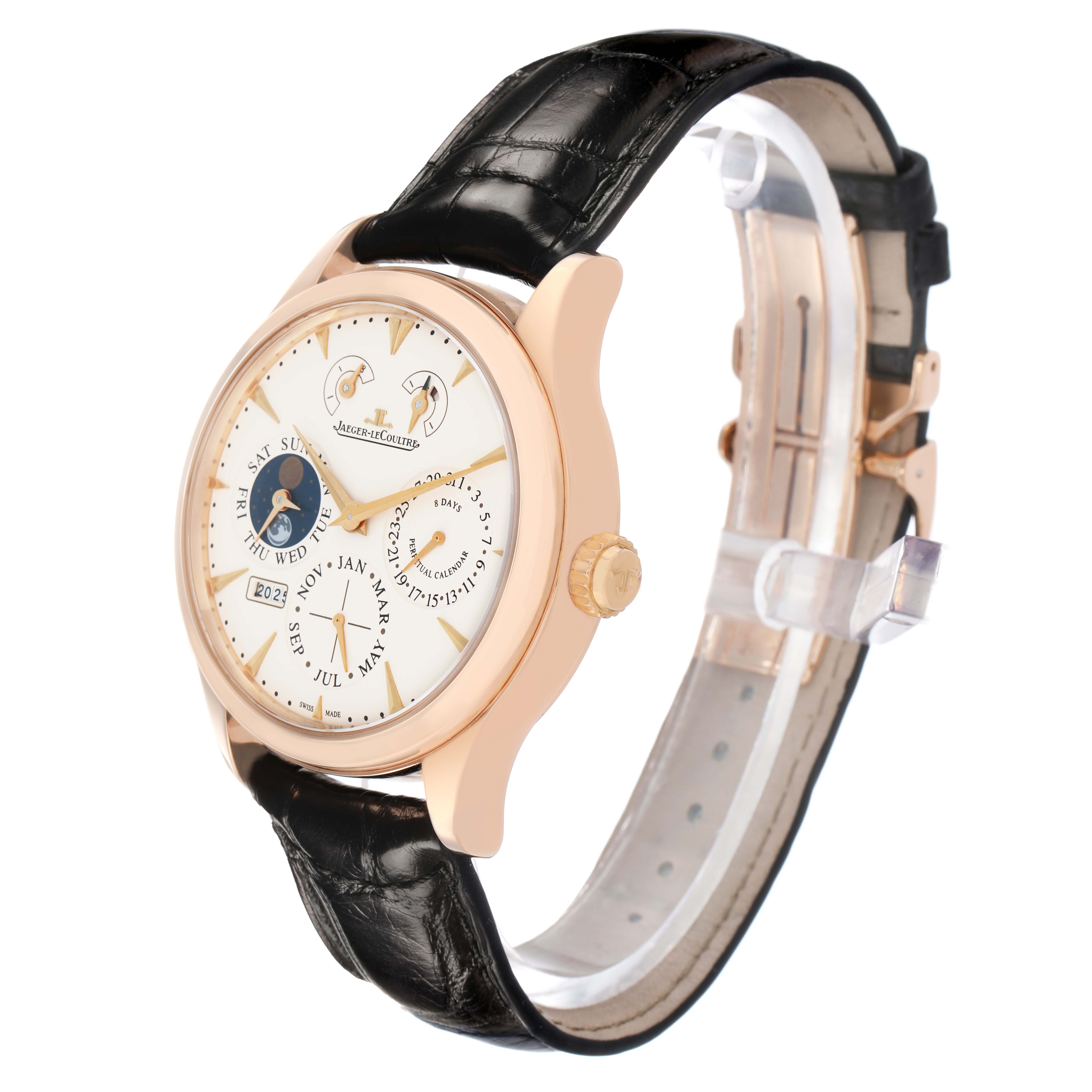 The Jaeger LeCoultre Master Q1612520 Men's Rose Gold Silver Dial watch is shown at a three-quarter angle, displaying the face, strap, and side profile.