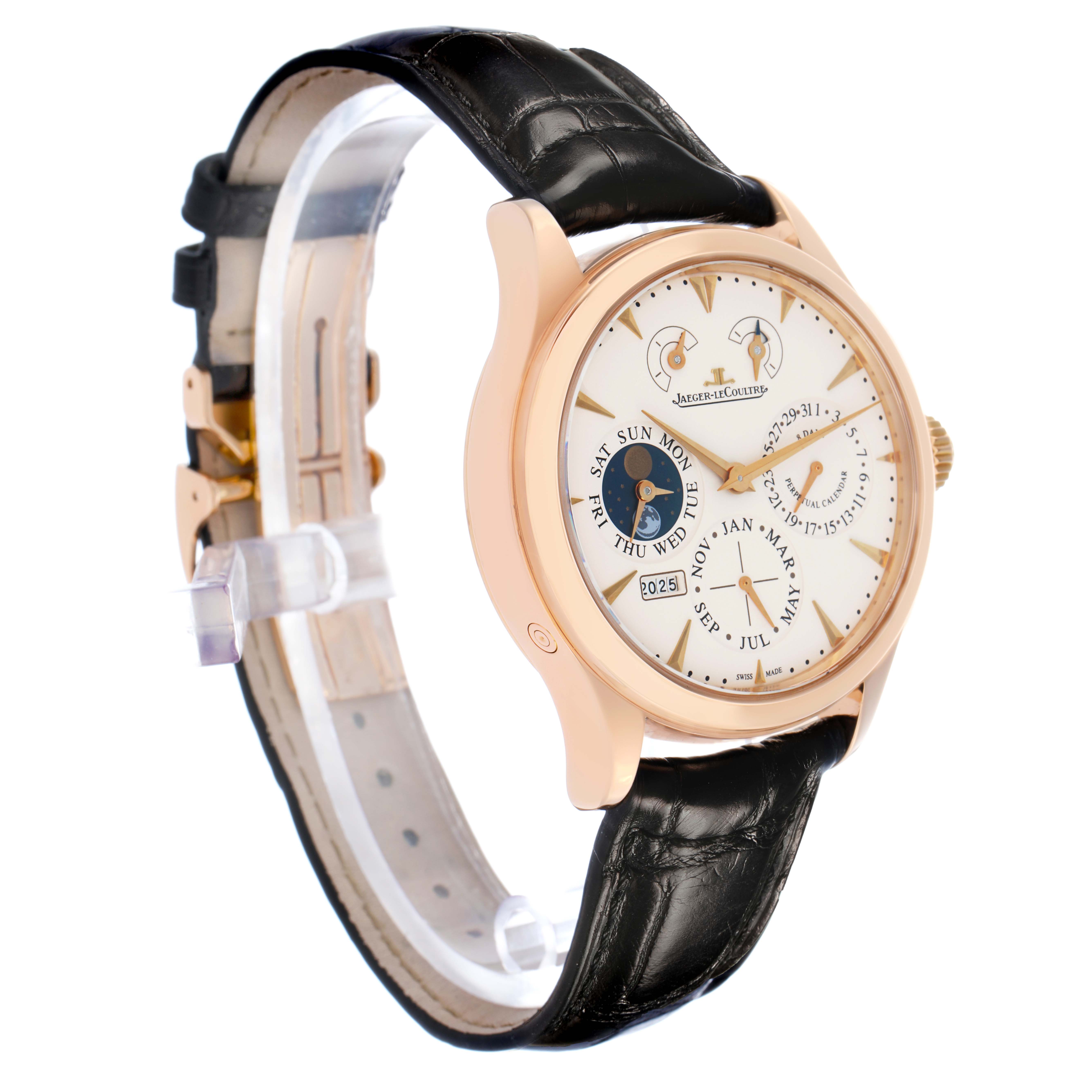 The Jaeger-LeCoultre Master model watch is shown at a three-quarter angle, displaying its face, case, and black leather strap.