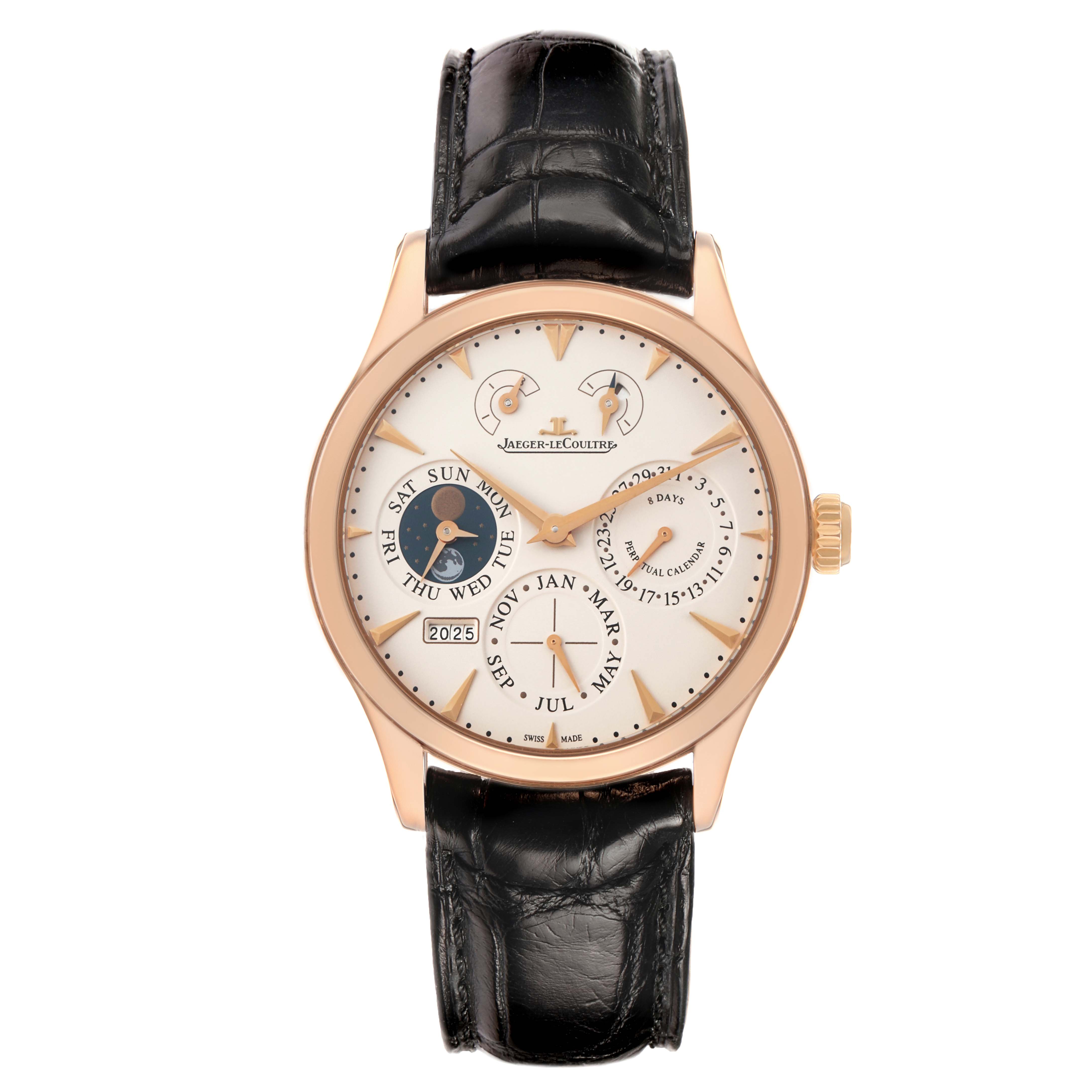 The Jaeger LeCoultre Master Q1612520 Men's Rose Gold Silver Dial watch is shown from a front angle, displaying its dial, hands, complications, and leather strap.