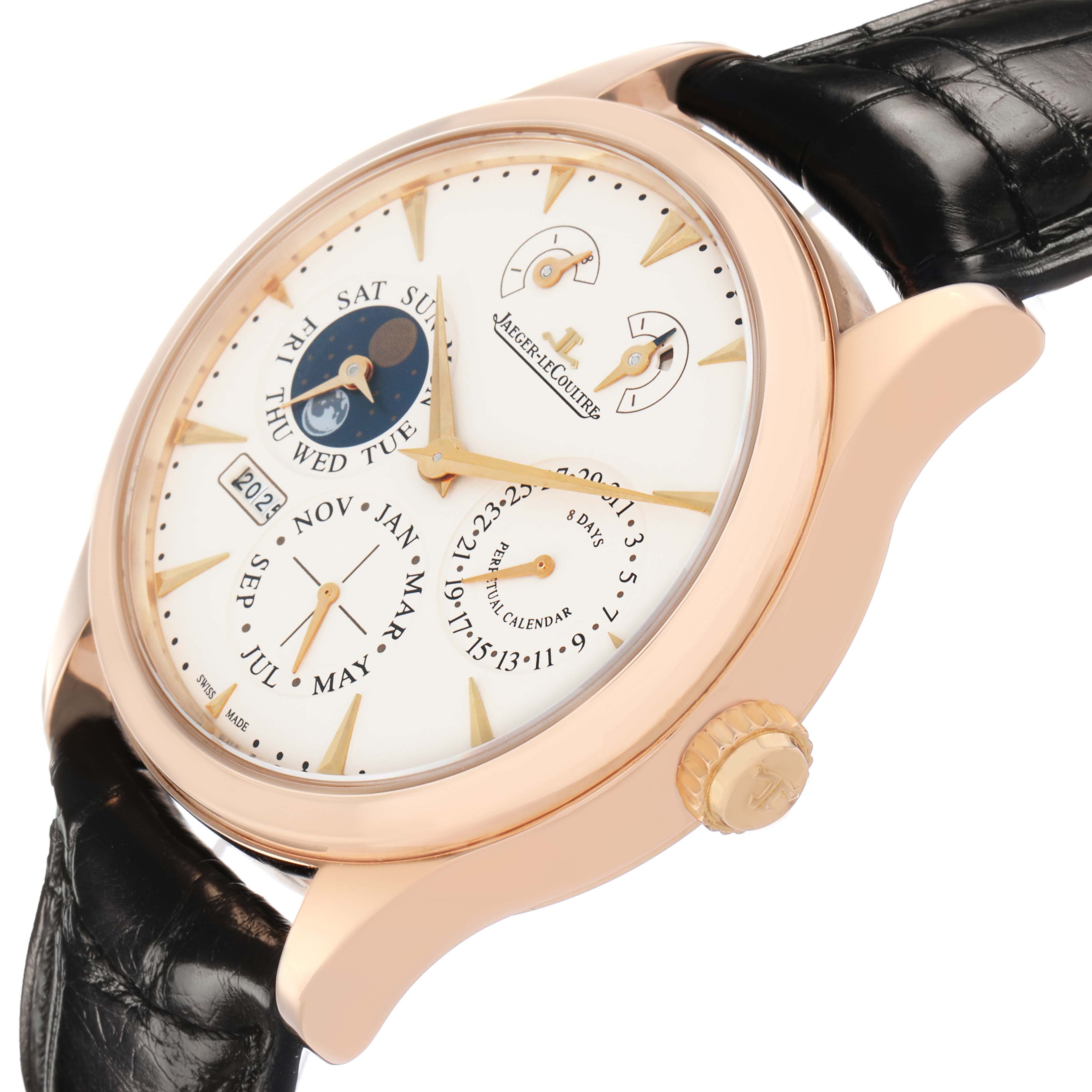 The Jaeger LeCoultre Master Q1612520 Men's Rose Gold Silver Dial model watch is shown at a slight angle, displaying the dial, moon phase, calendar indicators, and crown.